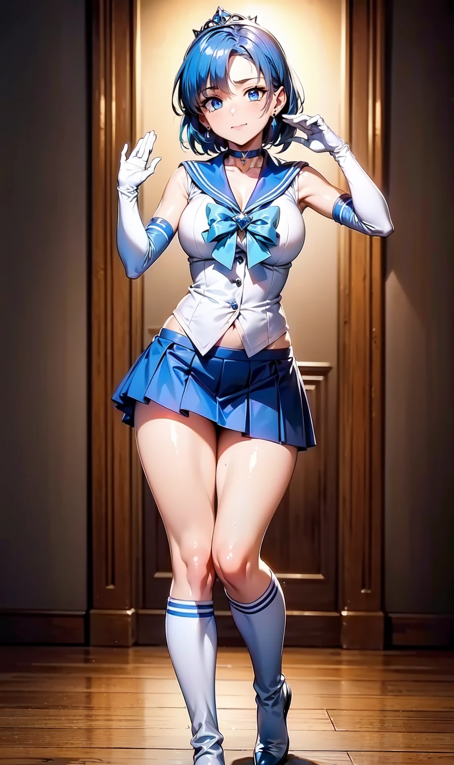 masterpiece, best quality, highres, mer1, tiara, sailor senshi uniform, blue sailor collar, bow, knee boots, choker, white gloves, blue choker, elbow gloves, jewelry, earrings, blue skirt, (underboob:1.3), large breasts, navel, cowboy shot, embarrassed, crotchless thong, crotchless panties, upskirt, from below, cameltoe, erotic, surrounded by machinery and big screens, technological background.