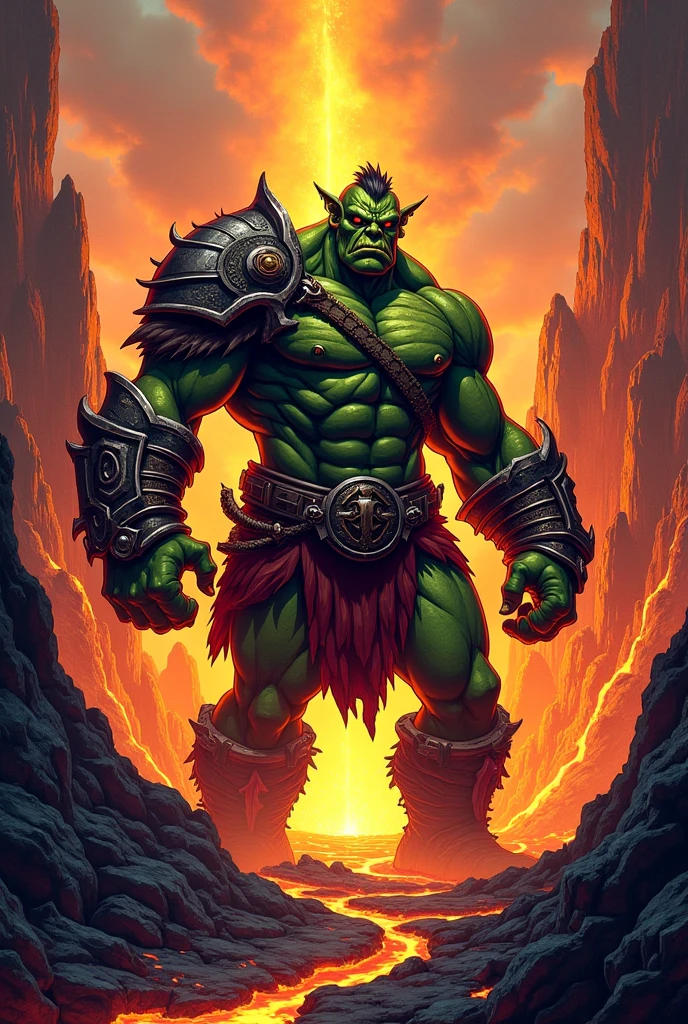 detailed face, detailed body, detailed background, perfect , masterpiece, high quality, best quality, male focus, red sky, canyon, orc_wow, orc, tusks, pointy ears, red eyes, green skin, muscular, big pecs, broad shoulders, thick thighs, armor, facial hair, short white beard, older male, scar, smirk, hand on , flexing, looking at viewer <lora:Orc_WoW_V1_ILXL:0.8>   <lora:detailed_notrigger:1>