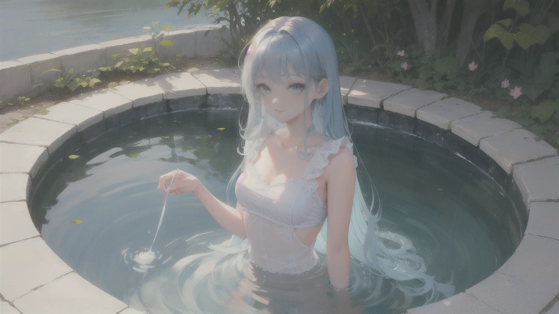 Art by Cornflower, Dreamy
(A petite girl with beautiful fine eyes.) The depth of field in the photo was perfect and the lens flare made it feel nice. The fine features of her face really stood out, and the score in this photo was definitely over 10. In the background, there was a beautiful sea with crystal clear water and water droplets floating on it, a girl was lying in the water, thin robes, white robes, almost naked, white skin, fairy wings on the back, whole body, (small breasts),