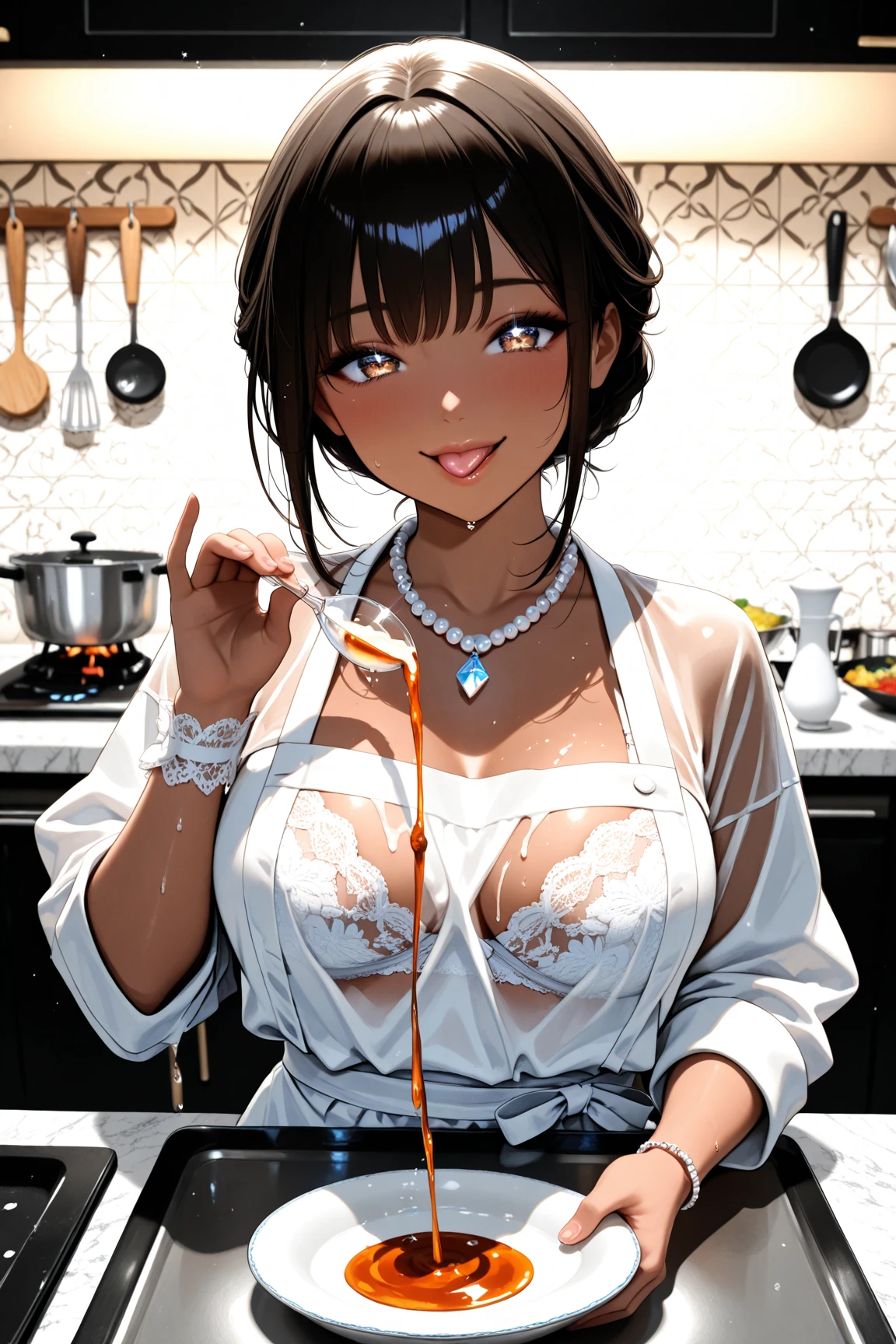 Mature curvaceous tanned hottie, solo, sticking out tongue, smiling, wearing skin-colored kimono with high slit, adjusted to thigh length, with fringe or other accessories above the long slit.      Clothes can accidentally unravel (come apart), become embedded (causing clothing to pull on the crotch), and undergarments can slip off (causing exposure).      Red Eyes, [Facial], [Handjob] [Penis] ★ Ahegao (Fucking Idiot/[Sexual Ecstasy]) Ahe Face [Double-sided orgasm, hot provocative expression.        (Masterpiece, best quality: 1.2), beauty, goofy smile, pink hair, shiny skin, melted cheese juice flowing from mouth, seductive pose, cleavage, full underbust, oily skin , huge breasts, eye contact, long hair, sharp edges, moody lighting, artfully melted vanilla ice cream running down, stains dripping everywhere, provocative pose, dim lighting, super pretty sparkling eyes, The orgasmic eyes roll, the big breasts exposing the cleavage.     nipple.      Navel, light pink, muscular, open legs, juicy, wet, seductive, spaghetti straps, big breasts, cleavage exposed, navel, dark brown skin, blonde, long straight hair, school girl cut, cosplay, late night, wet Body (panties) ), sweaty armpits, (tanned face: 1.6), healthy dark skin, attractive ass, spread legs.     Details Sitting with legs spread apart, M-shaped legs, white underwear, pink underwear, skin-colored underwear, black underwear, the underwear moved to the side of the thigh, with a large amount of viscous white liquid seeping out of it.         Field Bokeh, (Detailed Background), Perfect Layered Cut, (Full Body Shot/Cowboy Shot/Side View), 8K, Gorgeous Lips, (Masterpiece), (Best Quality), (Ultra Detailed), ((Sexy) ;1.5) ) Very beautiful, illustrations, perfect composition, intricate details, ridiculous, detailed faces, (anime, masterpiece, complex: 1.3), (best quality, hired textures, high details: 1.2), (4k) , (Extreme Details: 1.4)
