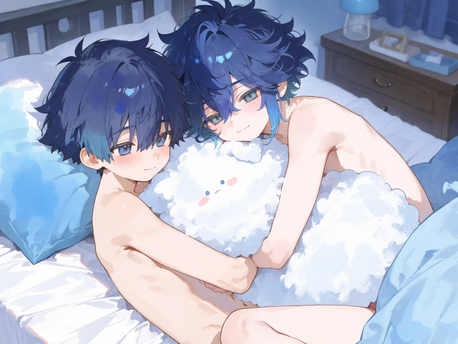 (Positive and playful: 1.5) (2boys: 1.9), Kawaii anime art of two male platonic friends in a bedroom. Cat ears, Cute, the best anatomy, asian, cameltoe, unzoom, kemonomimi, abs, (male chest: 1.9)\, bishounen, completely bare skin. Glasscutters tits, tits and bits, (platonic friends: 1.9), trust, (bed: 1.9), , smile, open mouth, cleavage, (masterpiece: 1.5), (best quality: 1.5), (tenderness: 1.5), (male trunks: 1.9), (affection: 1.9), (from above: 1.9), (shirtless: 1.9), (cat ears: 2), (cute: 1.3), (beautiful limbs: 1.6), (caressing: 1.8), (bromance: 1.6), (skinship: 1.6), (sleeping together: 1.7), (hugging friend 1.9), (fluffy hair: 1.7), (warm friendship: 1.6), (sexy: 1.5), (young boys: 1.2), (bare legs: 1.9), soft cinematic light