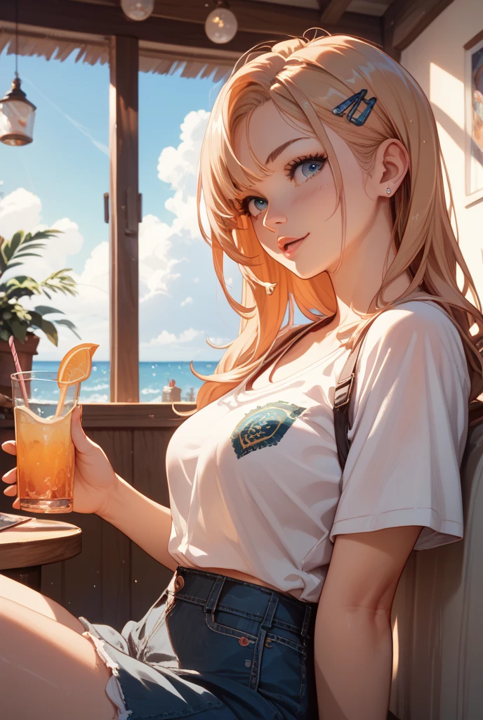 incredibly absurd, best quality, free fit, anime character, girl, 18 years old, Gyaru, Tomboy, black skin, blonde hair, mordred haircut, blue eyes, topless, naked, using white panties, happy, holding beer on the beach, 4k (detailed background with swirling rose petals in dark gloomy atmosphere). CG, unity, Wallpaper 4k, highly detailed