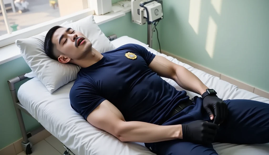 a young and very handsome, very muscular man, shirtless, with his eyes closed, wearing a surgery mask, lying on a hospital stretcher, on a black background