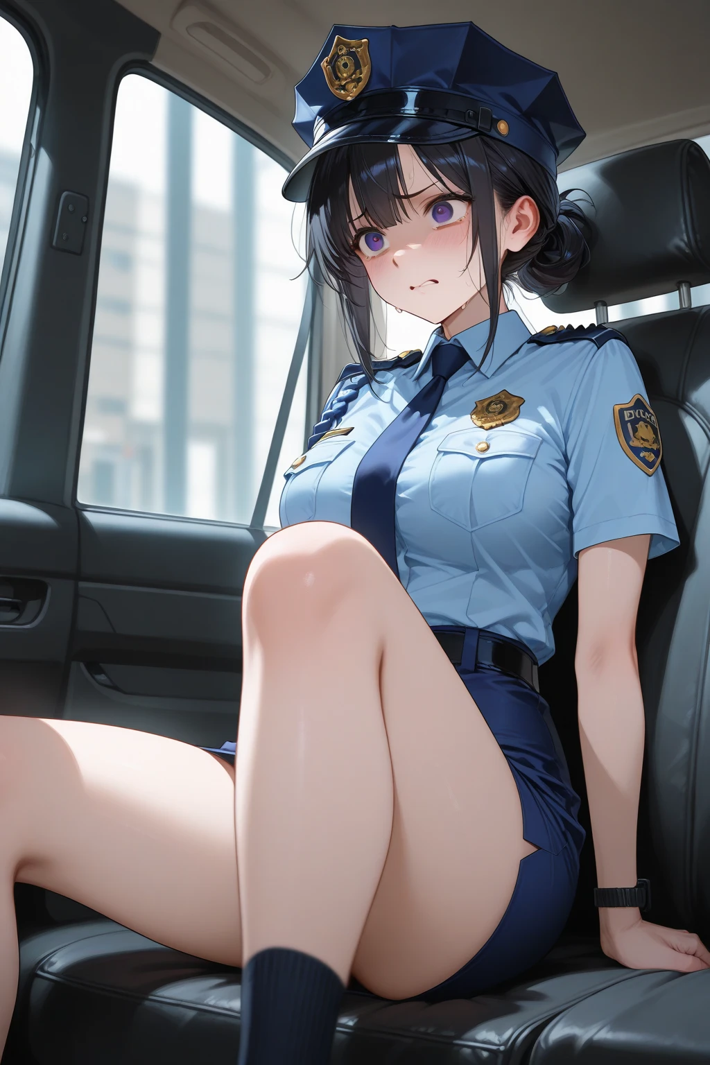Create a 3D masterpiece packed with rich details. beautiful smile, female police officer, long-haired, wearing costume mini skirt open jacket without bra, topless, beautiful breasts showing , sitting on a bus. 4K, surreal, realisitic