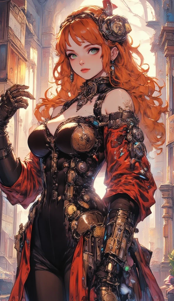 (ridiculous, high resolution, super detailed), vampire queen, sunset redhead, gorgeous medieval dress, full body, blood stains at the corners of the mouth, red eyes (eye detailed), great power appearance, bravery, enterprising and humanitarian, romantic