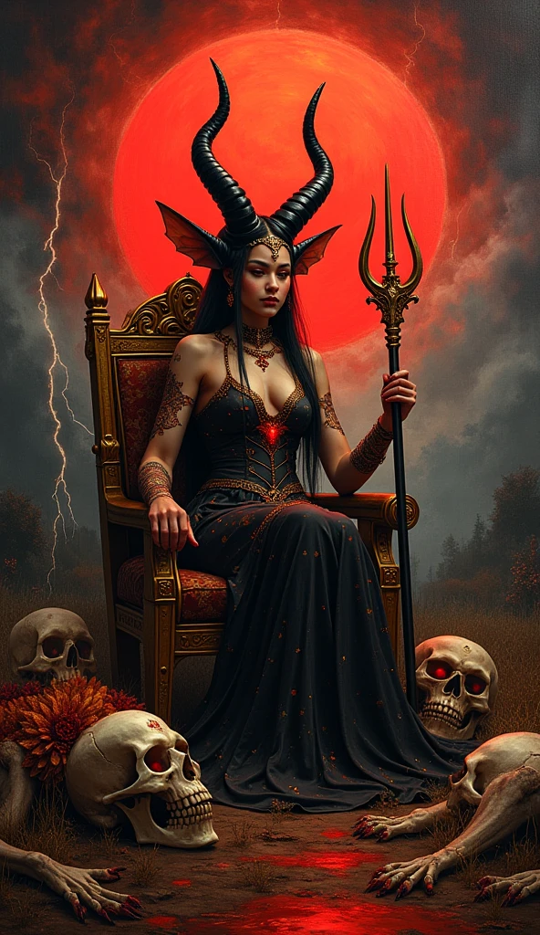 Arte de Apterus. Demon Queen,horns on head, muito bonita, sensual, voluptuosa,seios grandes, cabelos vermelhos longos, olhos escuros ofuscantes,Standing imposing holding a human skull with a mischievous look,corpo inteiro,inside an ancestral hall with dimly lighting (ohwx estétic |)