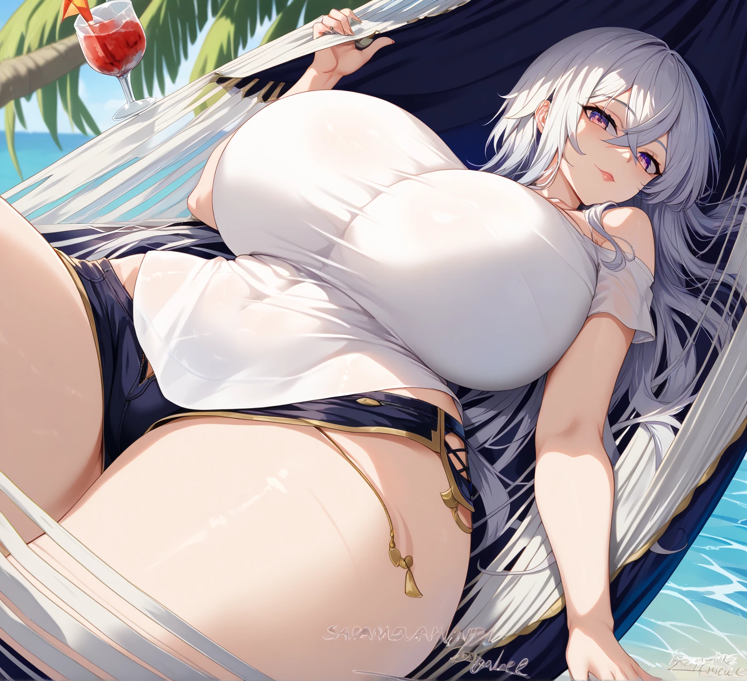 masterpiece, high quality, high detail, 4k, rtx, high resolution,1girl, blue_streaked_hair,hair_over_one_eye, blue_eyes,very long hair,braid,white hair_ornament,white skin,black nail_polish, solo,long sleeves,((white bandeau:1.2)), strapless, microskirt,thighhighs,thighs,: o,cute face,(pov:1.2),(facing viewer:1.2),(Well-shaped and firm huge breasts, developed huge breasts:1.2),(underboob:1.2),hands between legs,(bursting breasts:1.2),stomach, navel,aged_down,sitting,beach