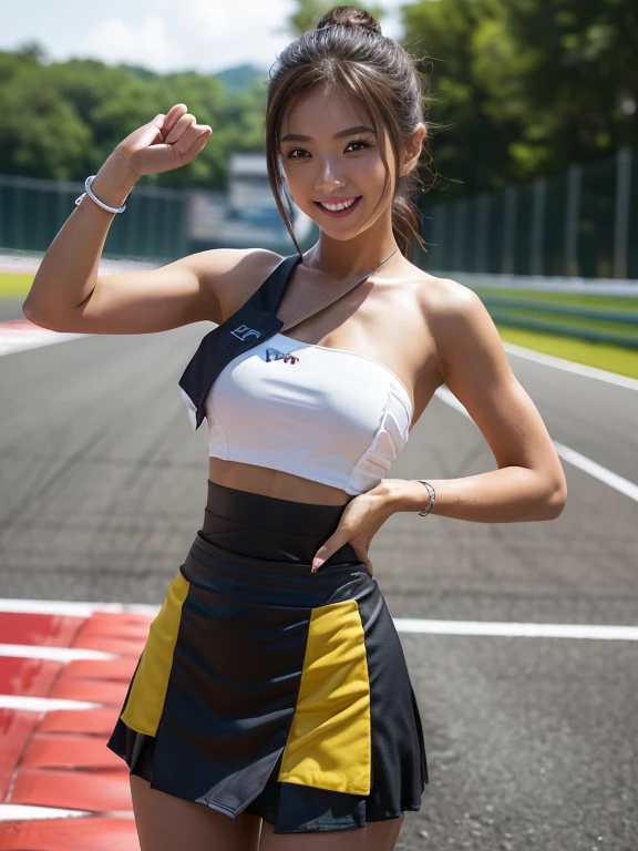 (extreme wide shot:1.5),(circuit venue:1.5),(thai Women:1.3),(super highponytail hair),(huge breast:1.5),(slender waist), (race queen),(black skin),(smile),(((top-quality,masutepiece,8K,Photorealsitic)))