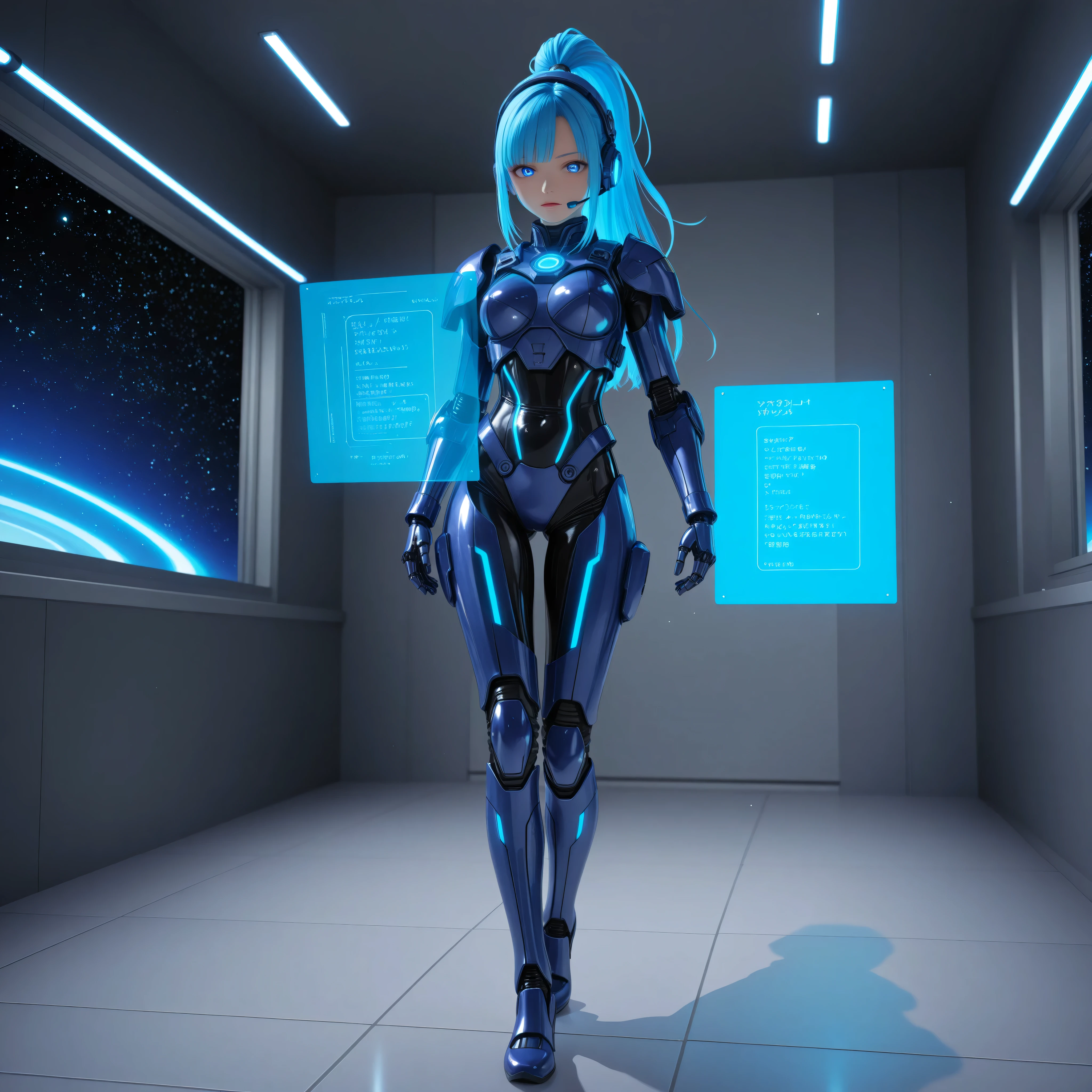 Anime-style SF comedy scene, ３D, Cool cybernetic Japanese female warrior（and she's usually calm and calm）, Her design is a sophisticated blue fluorescent high-tech tactical armor,  Detailed Blue Eyes ,blue glowing holographic line accent, and半透明のデータストリームが彼女の肌に沿って流れている, Her Knotted Ponytail Flickers with Blue Fluorescent Neon Streaks, and彼女の体の部分が移り変わる光で輝いている,  mechanical headset, her point of view is dynamic, 3D,  shining fine, large amounts of UI particles drift around her, and「Data transfer interrupted」A faint error text is displayed in the background,  SF, andスタイリッシュなアクション, detailed cell shading, vivid colors, and表現力豊かなポージング, Detailed electronics, glowing blue light cable swirling in large quantities, Mirror-polished floor、Graph information is displayed on a translucent monitor floating in space