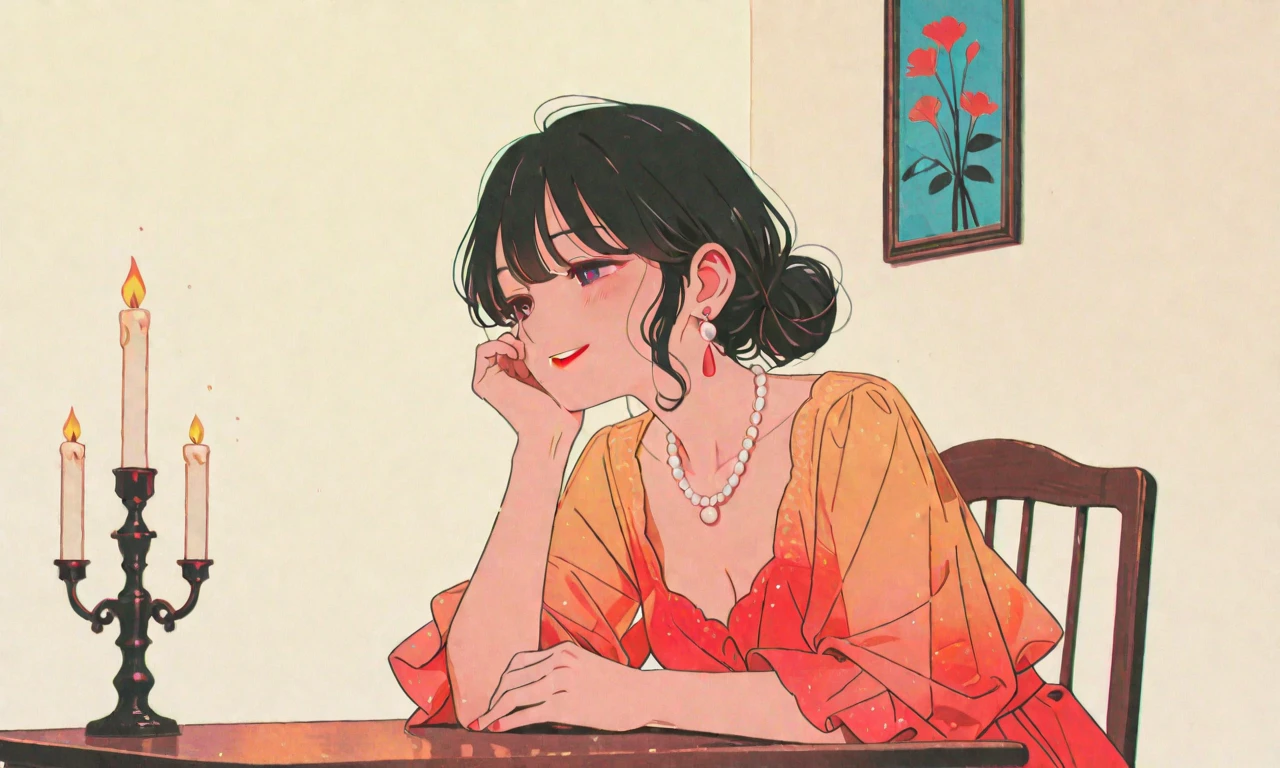 Anime style illustration of a young Japanese woman with short dark hair and bangs, sipping red wine from a glass. She's wearing a sensual, elegant dress with floral patterns. The scene is set in a dimly lit, cozy room with warm orange tones. A table lamp and wine bottles are visible in the background. The style evokes 1980s Japanese aesthetics with a modern, sophisticated twist.