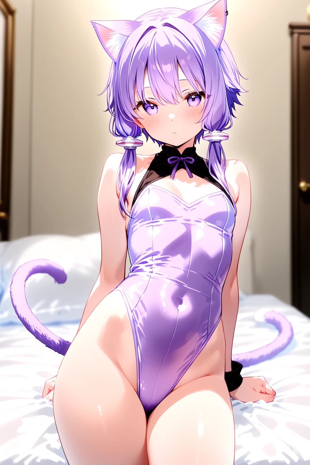 NSFW,Hololive,Nekomata porridge,cat ears,cat tail,purple wedding dress,lilac lace panties,garter belt,mischievous look