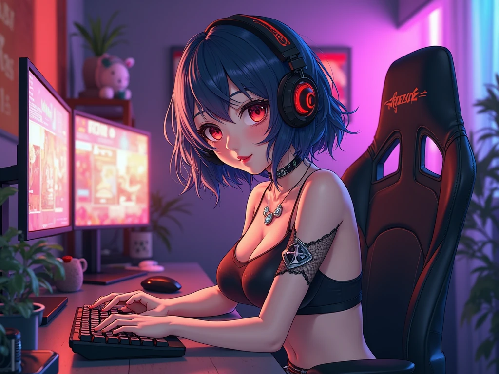 premium、Superior image quality、masterpiece、girl with((18 years、cool hat、Tattoo on the right shoulder.、Black navel tank top、shorts blancos、best bust、Bust 85、purple hair、by the wide、blue eyes、open chest、happiness、Chain accessories、Black bracelet on the wrist.、Sit in a chair、a thin、a smile、have a controller、pose sexy、Gaming Headphones、))high quality、American comic style、background with((Neon colored room、gaming computer、gaming desk、gaming chair、game bed、game console))、mesa、depth(Ray)