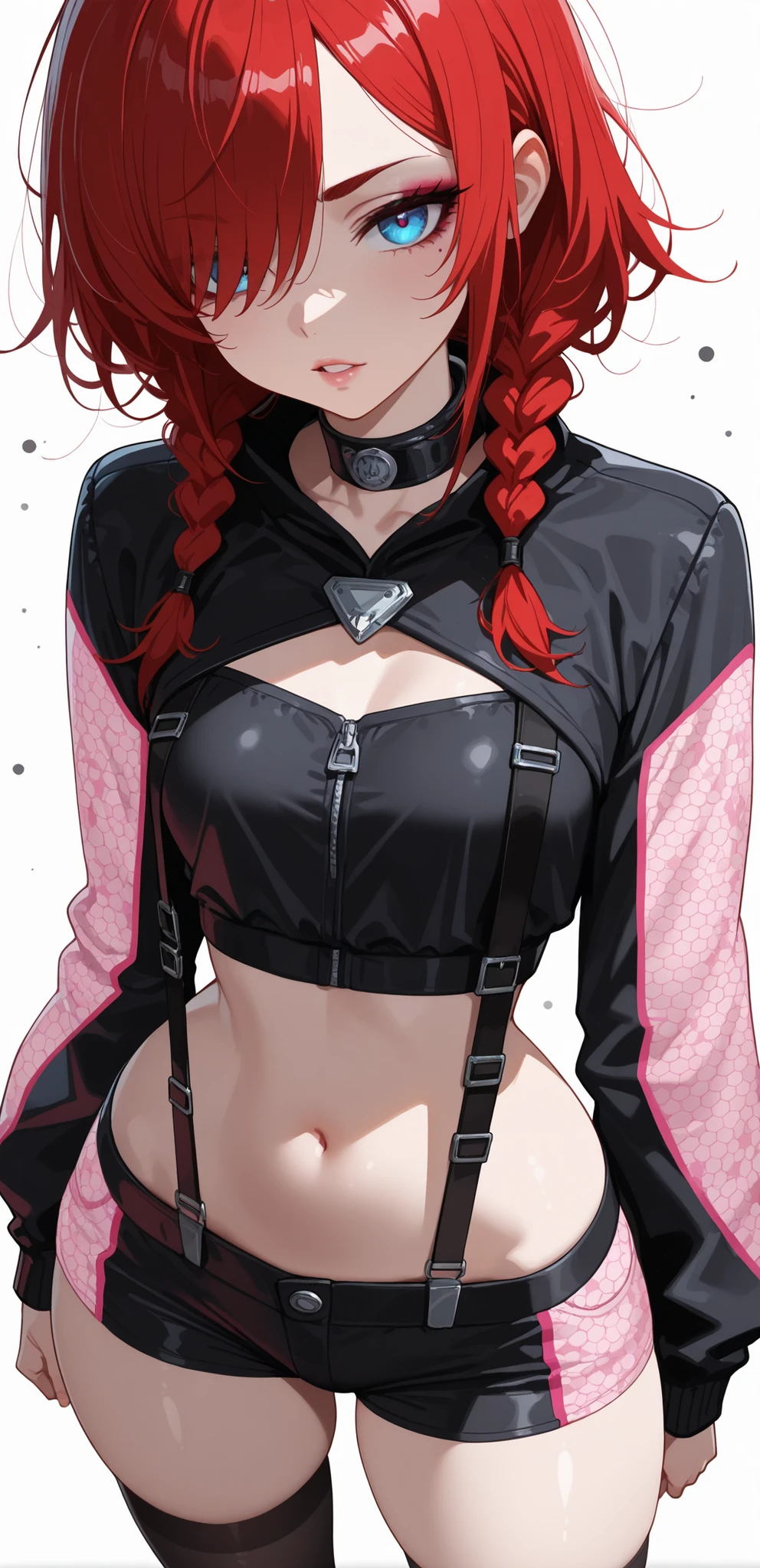(masterpiece:1.35), (very aesthetic, best quality:1.3), highly detailed, dark environment, backlit, absurdres, hyperdetailed, addmicrodetails, flat anime artstyle, (no lineart), detailed shading and shadows, solo, intricate design,
Simple background, white background, chromatic aberration, sharp detail, black particles,
1girl, young woman, bratty, punk makeup, flawless skin, perfect face, expressive face, (petite), slender, Female, red hair, twin-braids, messy hair, swept bangs, hair over one eye, blue eyes, parted lips, lips, eyelashes, eyeliner, bold eyebrows, cleft ofvenus, hip_indentations, skindentations, very narrow waist,
Standing, black tanktop, cropped jacket, long sleeves, pink-camoflage pattern, exposed midriff, suspenders, straps, buckles, zippers, complex layering, complex composition, oversized and baggy shorts, microshorts, knee-high black socks, pink sneakers,