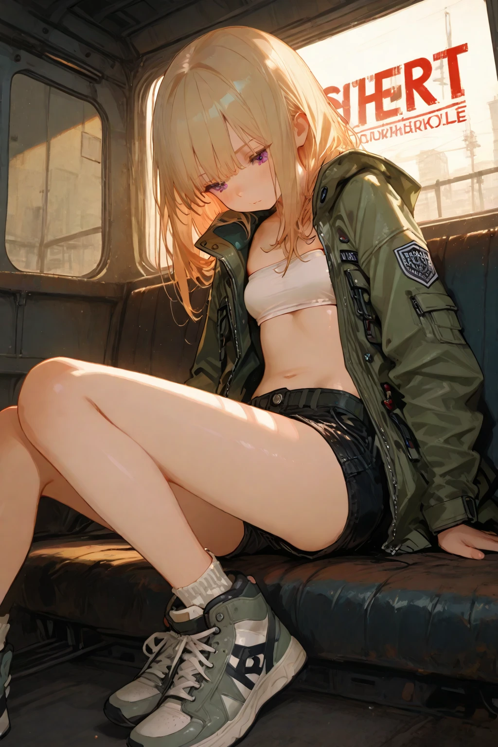 nsfw,from front,((having sex,pov,1man and 1woman)),vaginal penis,Missionary,((perfect anatomy:1.5,realistic,:1.3,RAW Photography:1.3,masterpiece、highest quality、Ultra - High resolution、High resolution、Highly detailed CG、8K)),cowboy shot,1 female,solo,20 year old beauty,(beautiful detailed face and eyes,big and gorgeous eyes、Large tears overflow from the eyes:1.2),light green eyes,(blonde hair,ponytail hair,long hair,bangs),(medium breasts,slender body,small head,skinny, gleaming skin,oily skin,shiny skin),Turn your body to the viewer、sitting,spread legs:1.5,arms up,((light green hooded sweatshirt,Oversized hooded sweatshirt,long sleeve,black_thighhighs:1.2)),((creampie1.3,excessive cum:1.3)),  ,on the train,seat、A large group of women with excited expressions、Inside the train、Tokyo、