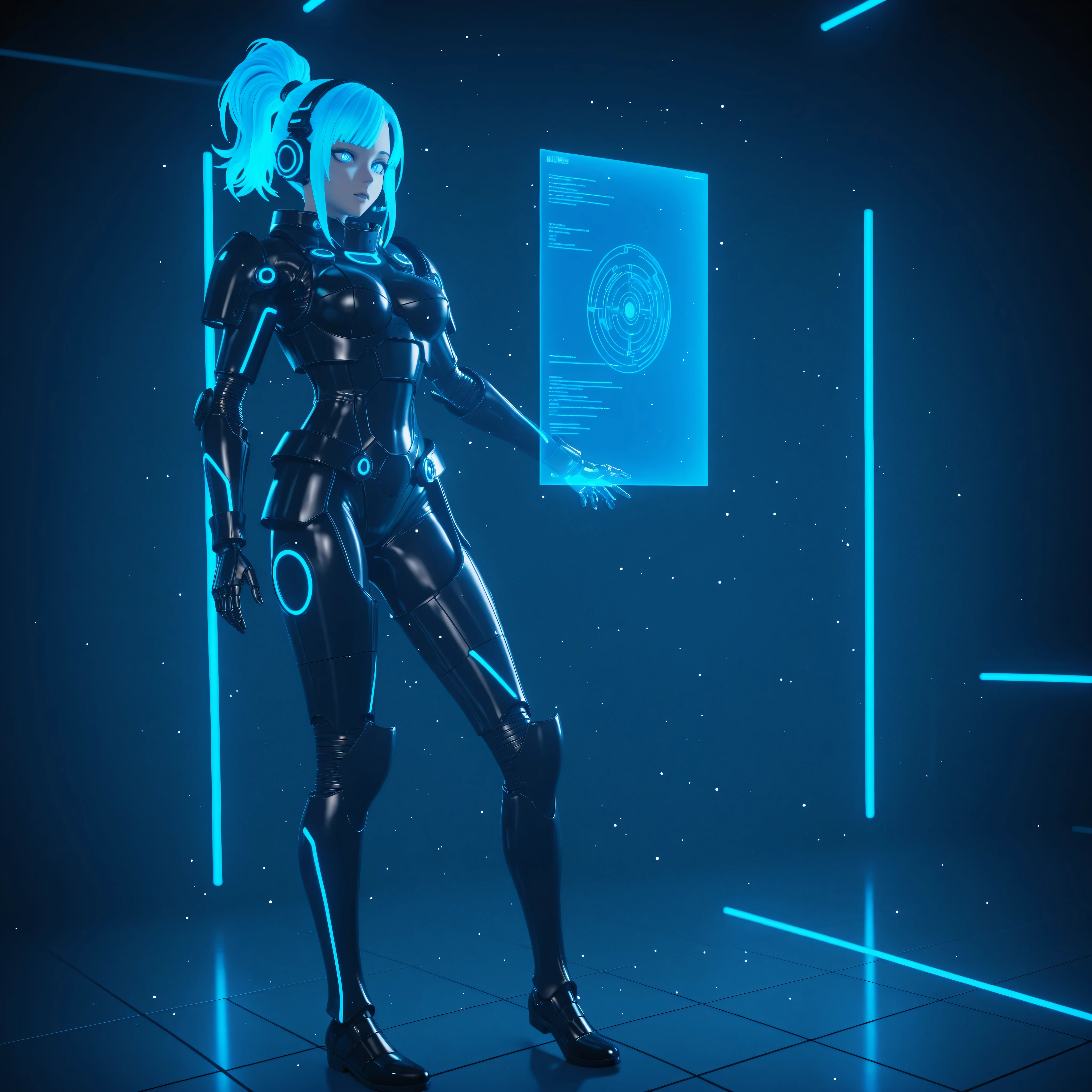 Anime-style SF comedy scene, 3D, Cool cybernetic Japanese female warrior(and she's usually calm and calm), Her design is a sophisticated blue fluorescent high-tech tactical armor, Detailed Blue Eyes ,blue glowing holographic line accent, and半透明のデータストリームが彼女の肌に沿って流れている, Her Knotted Ponytail Flickers with Blue Fluorescent Neon Streaks, and彼女の体の部分が移り変わる光で輝いている, mechanical headset, her point of view is dynamic, 3D, shining fine, large amounts of UI particles drift around her, and「Data transfer interrupted」A faint error text is displayed in the background, SF, andスタイリッシュなアクション, detailed cell shading, vivid colors, and表現力豊かなポージング, Detailed electronics, glowing blue light cable swirling in large quantities, Mirror-polished floor、Graph information is displayed on a translucent monitor floating in space
