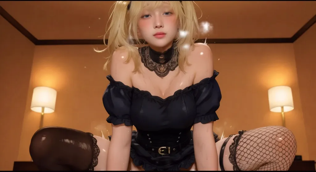 masturbation behavior、golden hair、beautiful young woman、cute smile、Gorgeous full nude、twin tail hairstyle、yellow ribbon hair ornament、beautiful areola、dark armpit hair、Pubic hair like a black jungle、A thick erect penis、plump scrotum、beautiful hands、beautiful anus、Semen dripping from the crotch、spread legs、on the bed