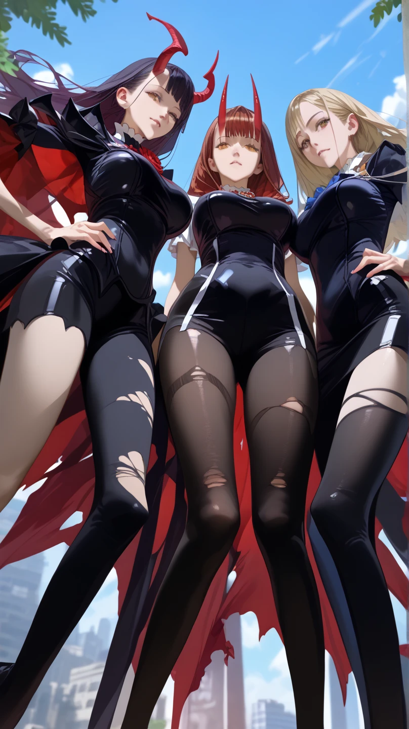multiple girls, 3girls, standing, giantess art, highly detailed giantess shot, giantess, most detailed, perfect face, two legs, five fingers, short hair, beautiful girl bigger than a skyscraper, wearing rimless glasses, smiling, huge breasts, swimsuit, maid bikini, stiletto heels, under heavy attack, very small metropolis, miniature metropolis, full body depiction, GTS, giga giant, trampling city, crush city, tiny city, micro city, high resolution, best quality, masterpiece,