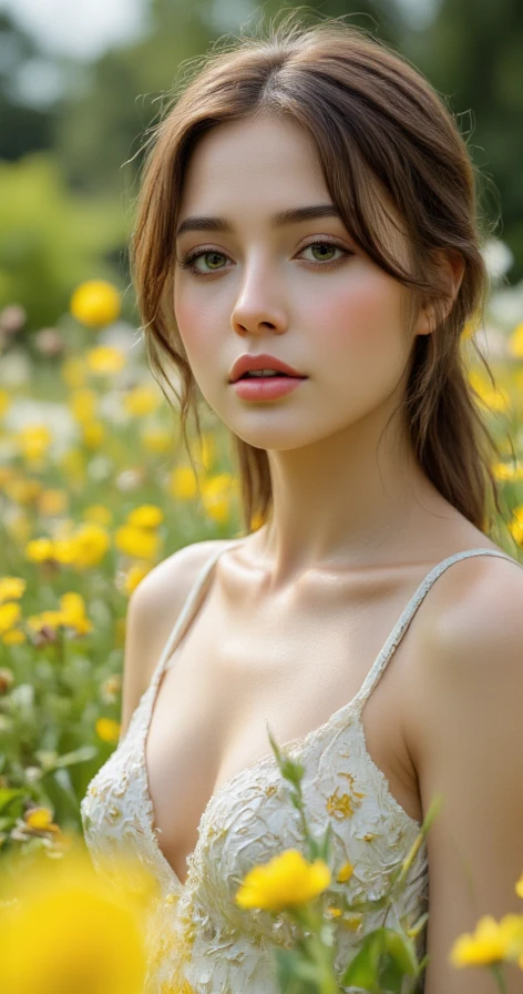 1girl, elf, earrings, forest, flowers, natural lighting, masterpiece, highly detailed, illustration, game CG, absurdres, high quality, medium breasts, redhead, long curly hair, freckles, glossy lips, on her knees, looking up at viewer, seen from above, cleavage, huge tits