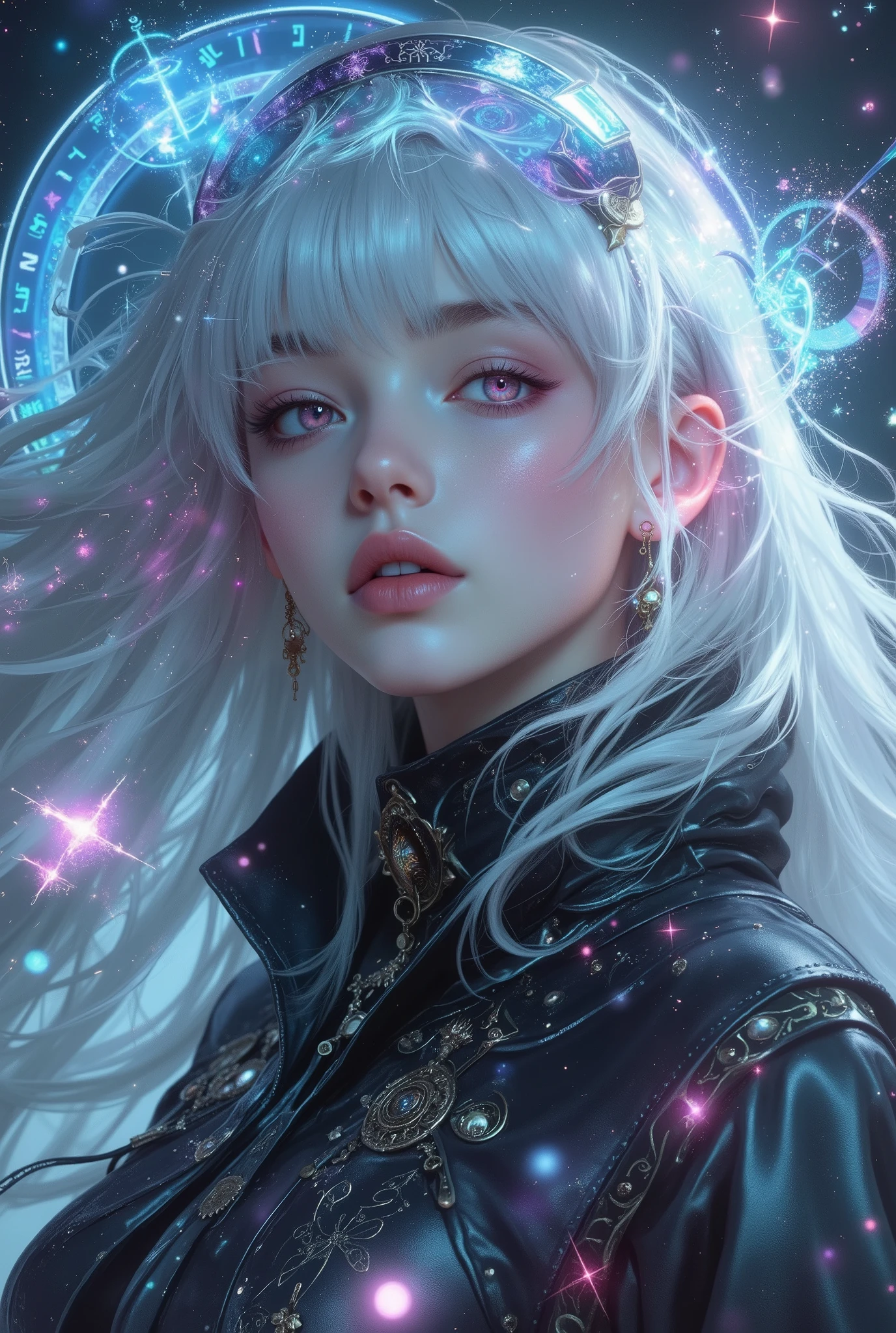 ((girl, fur)), Brilliant eyes, blue pupils,smile, fur少女,long hair, ceramic body, hip gap, ((The background is a city with a technology feel.)),The starry sky is magnificent, (translucent, Reflective skin), (Surrealism: 1.4), ((Detailed facial features, Detailed eyes, detailed face)), portrait