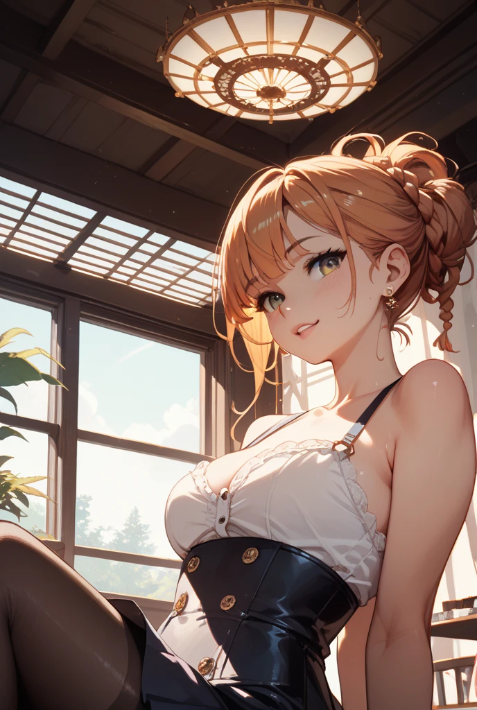 romantic lace off shoulder dress,(Short hair with shiny silver and orange inner color,Ponytail twisted buns decorated with elaborate braids and beads,Braided setup fishbone hair,),(The bangs are see-through bangs),(((emphasize the chest:1.3))),(dynamic angle),(Dynamic and sexy poses),(leaning forward:1.3),(((a majestic statue))),Disturbance of clothing due to movement,Breast flick,Beautiful woman,.perfect face,big and full breasts,,intricate details,very delicate and beautiful hair,realistic,dream-like,realistic shadow,focus only,beautiful hands,beautiful fingers,Detailed functions of fingers,Detailed features of the garment,Detailed characteristics of hair,detailed facial features,、(professional lighting),(Photoreal:1.3),(RAW photo.),(table top,highest quality,Ultra high resolution output image,) ,(8K quality,),(Image mode Ultra HD,)