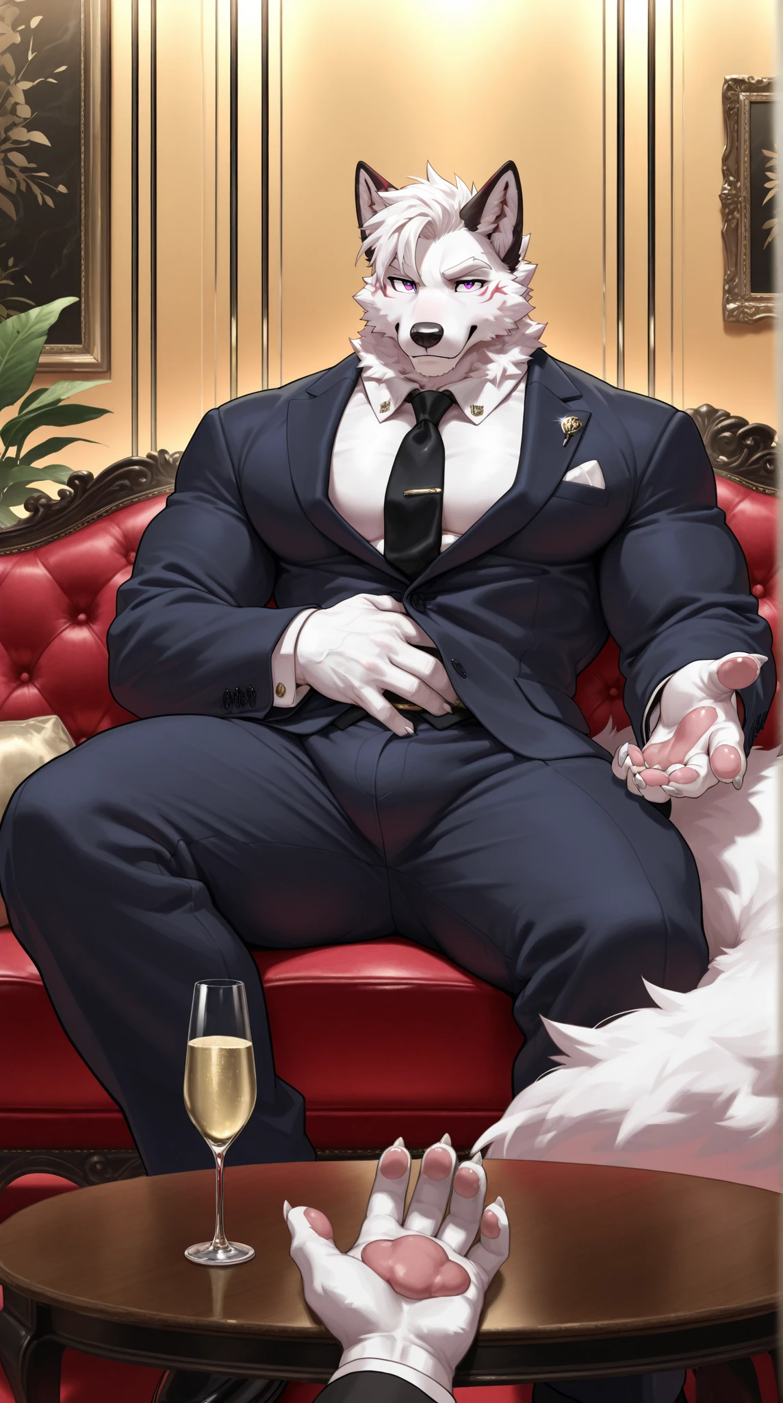 (by zackary911, by nextel, by personalami, by honovy), solo, male, laying down, older man, old, mature male, felid, pantherine, (black panther), hairy, chubby, tall, muscular, red tie, unbuttoned shirt, dress pants, grey hair, grey beard, body hair, smirking, rape face, sweaty heavy balls, veiny penis