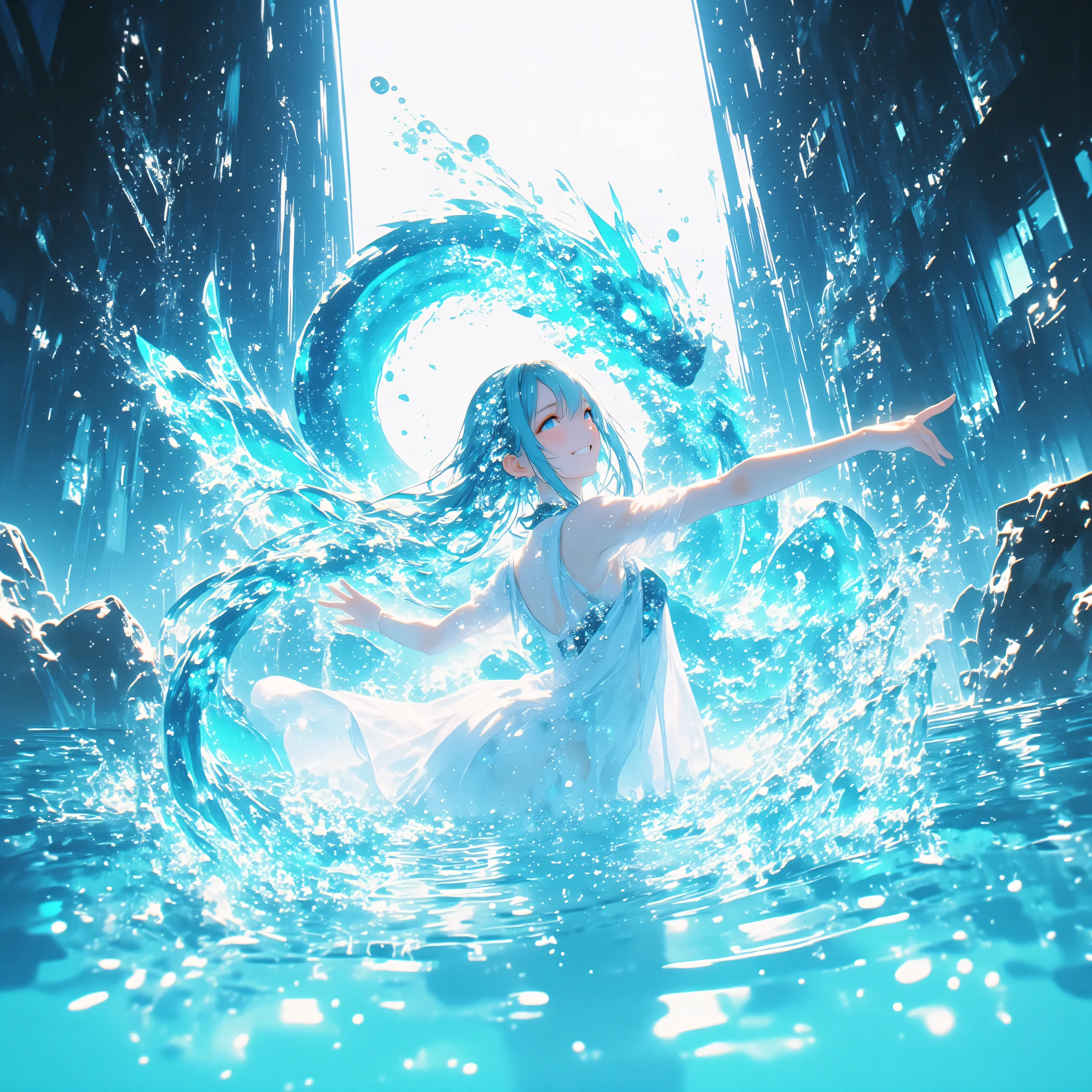 cowboy shot、A crystal cave hidden behind a majestic waterfall, wrapped in soft pale white light from above、A shining wall. beautiful with pale blue skin and long hair A young woman, and her finely woven pale blue hair dances gracefully with a transparent flowing dress. with her sexy, her curved body gracefully extends her arms、dazzling smile, as if merging with the surrounding water. she creates large ripples on the surface, a spectacular water dragon circling through the air, and countless glowing bubbles rise. and a breathtaking fantasy anime-style dynamic magical water effect. magical particles floating in the air are shining, and a magical water slide where little fairies carry joy with delicate feathers. seen from above, her flowing hair, See-Through Dress, and a breathtaking fantasy anime-style dynamic magical water effect. ultra high resolution, very high quality, perfect lighting and composition - a true masterpiece.
