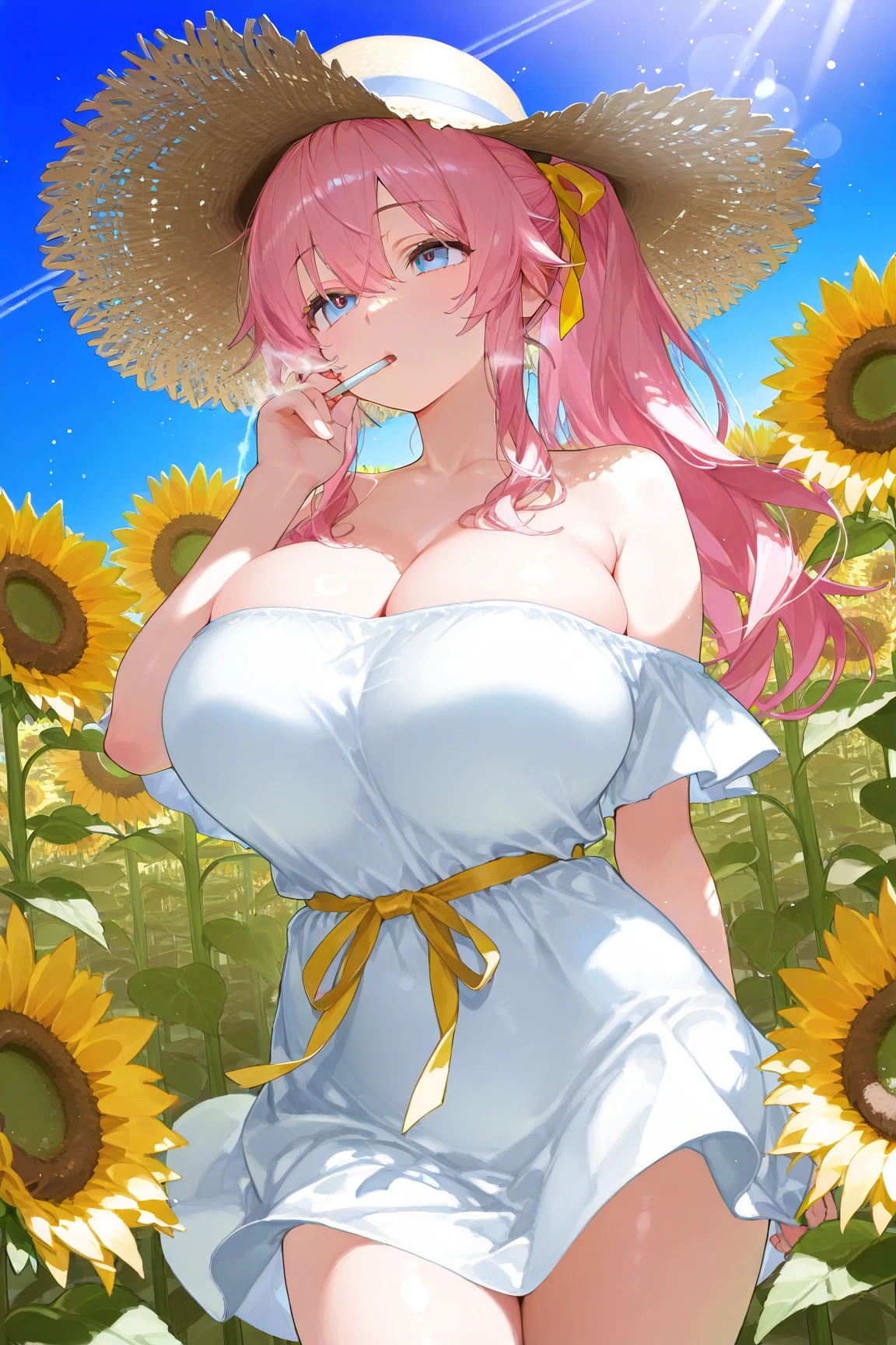 score_9, score_8_up, score_7_up, uncensored, source_anime, 1girl, solo, smile, (narmaya_\(granblue_fantasy\)), hat, solo, flower, dress, sunflower, outdoors, white dress, looking at viewer, sky, breasts, open mouth, cloud, earrings, sundress, day, sun hat, blush, cleavage, :d, collarbone, jewelry, blue sky, (straw hat), sleeveless dress, ribbon, summer, sleeveless, hand on headwear, bare shoulders, bow, huge breasts, sagging breast, field, yellow flower, hat ribbon, frilled dress, frills, standing, blurry, hat bow