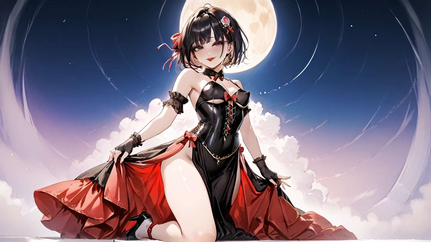 and soul、enlightenment、terrorism, naked bandage, 1 girl, big and full breasts, bandaged, belly button, solo, heart, blush, sleeves go over wrists, hair between eyes, sleeves that go over fingers, jack o lantern, look at the audience, Buttocks visible through the thighs, cleavage, clavicle, Halloween, night, null, 近いnull, 近いnull, bow, long sleeve, moon, dutch angle, Bandage arm,