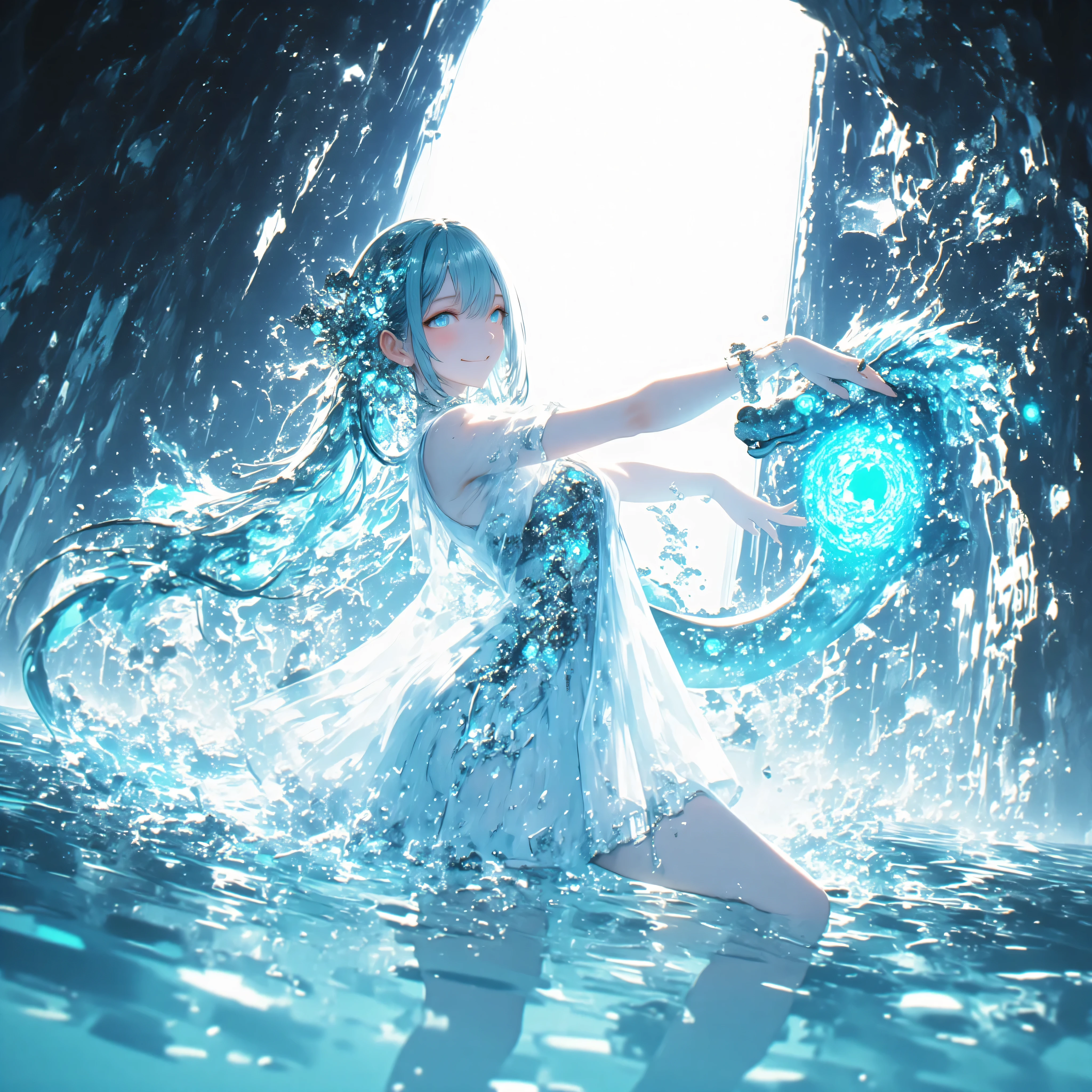 cowboy shot、A crystal cave hidden behind a majestic waterfall, wrapped in soft pale white light from above、A shining wall. beautiful with pale blue skin and long hair A young woman, and her finely woven pale blue hair dances gracefully with a transparent flowing dress. with her sexy, her curved body gracefully extends her arms、dazzling smile, as if merging with the surrounding water. she creates large ripples on the surface, a spectacular water dragon circling through the air, and countless glowing bubbles rise. and a breathtaking fantasy anime-style dynamic magical water effect. magical particles floating in the air are shining, and a magical water slide where little fairies carry joy with delicate feathers. seen from above, her flowing hair, See-Through Dress, and a breathtaking fantasy anime-style dynamic magical water effect. ultra high resolution, very high quality, perfect lighting and composition - a true masterpiece.