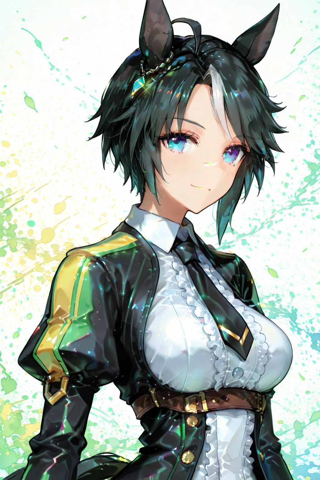 solo , green hair,Emerald hair,short hair,short hair,bright face,upper body up,chest up,business woman,intellectual,smile,jacket,white shirt , laughter,drooling eyes, alone,Flow of hair that extends to the face,Big light blue eyes shine charmingly,green one piece,eyeliner,Shining white skin,big bangs,beautiful bangs,