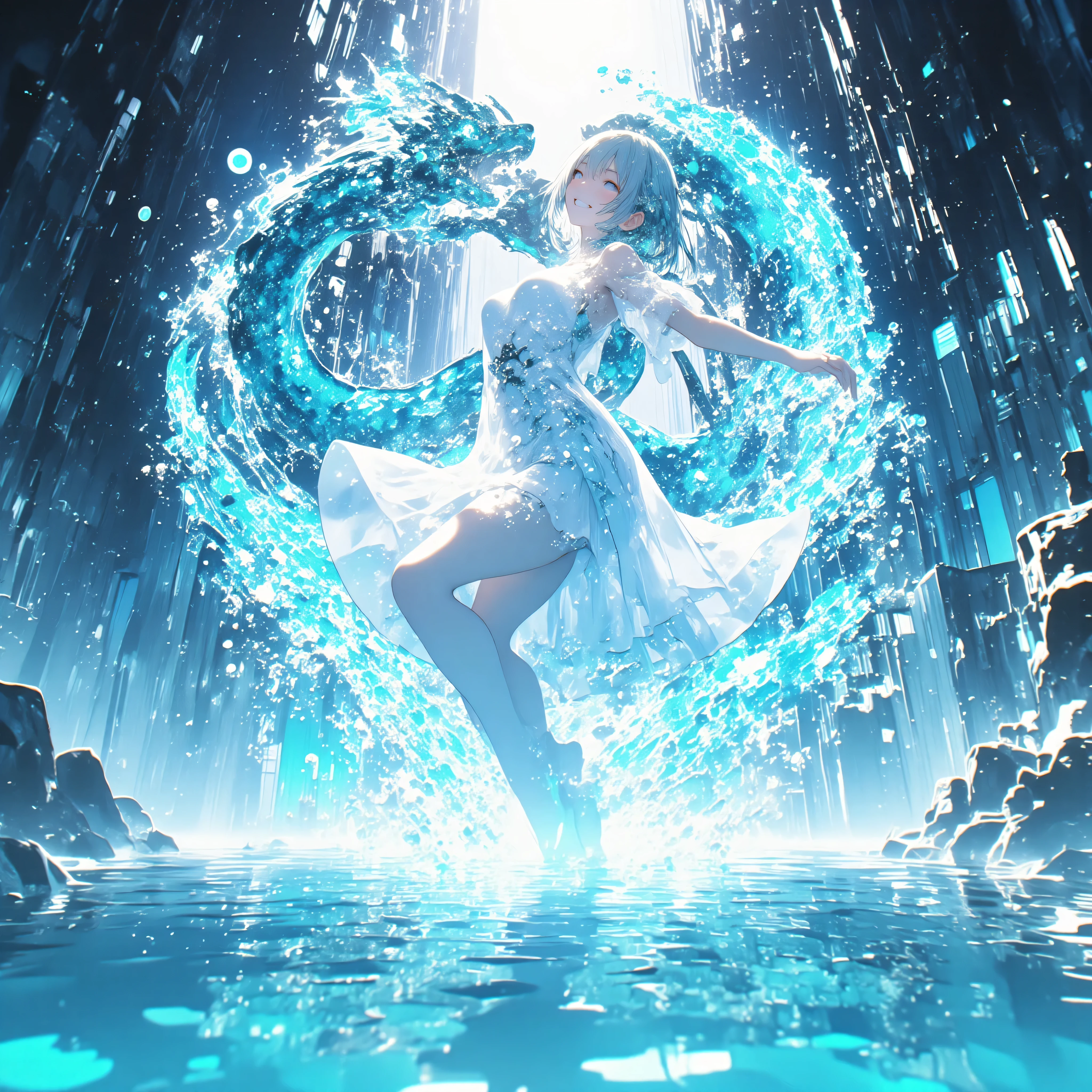 cowboy shot、A crystal cave hidden behind a majestic waterfall, wrapped in soft pale white light from above、A shining wall. beautiful with pale blue skin and long hair A young woman, and her finely woven pale blue hair dances gracefully with a transparent flowing dress. with her sexy, her curved body gracefully extends her arms、dazzling smile, as if merging with the surrounding water. she creates large ripples on the surface, a spectacular water dragon circling through the air, and countless glowing bubbles rise. and a breathtaking fantasy anime-style dynamic magical water effect. magical particles floating in the air are shining, and a magical water slide where little fairies carry joy with delicate feathers. seen from above, her flowing hair, See-Through Dress, and a breathtaking fantasy anime-style dynamic magical water effect. ultra high resolution, very high quality, perfect lighting and composition - a true masterpiece.