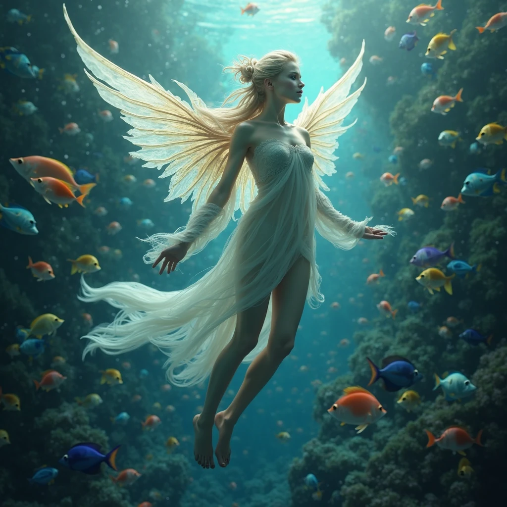 Prompt: “A fish with iridescent wings swimming in the deep sea, leaping out of the water and soaring through the air, resembling a celestial angel, capturing the enchanting Aquaris Seraphim.”