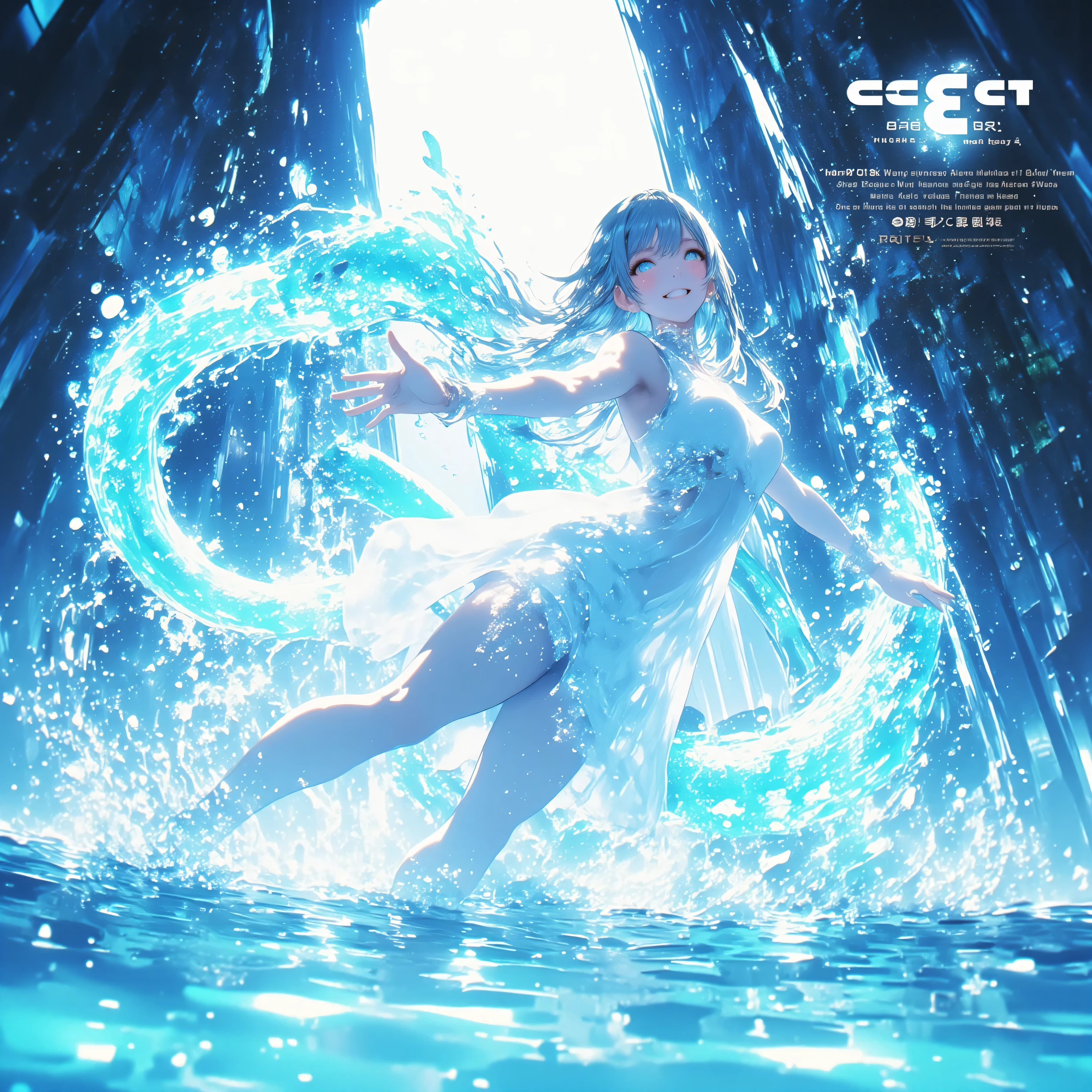 cowboy shot、A crystal cave hidden behind a majestic waterfall, wrapped in soft pale white light from above、A shining wall. beautiful with pale blue skin and long hair A young woman, and her finely woven pale blue hair dances gracefully with a transparent flowing dress. with her sexy, her curved body gracefully extends her arms、dazzling smile, as if merging with the surrounding water. she creates large ripples on the surface, a spectacular water dragon circling through the air, and countless glowing bubbles rise. and a breathtaking fantasy anime-style dynamic magical water effect. magical particles floating in the air are shining, and a magical water slide where little fairies carry joy with delicate feathers. seen from above, her flowing hair, See-Through Dress, and a breathtaking fantasy anime-style dynamic magical water effect. ultra high resolution, very high quality, perfect lighting and composition - a true masterpiece.
