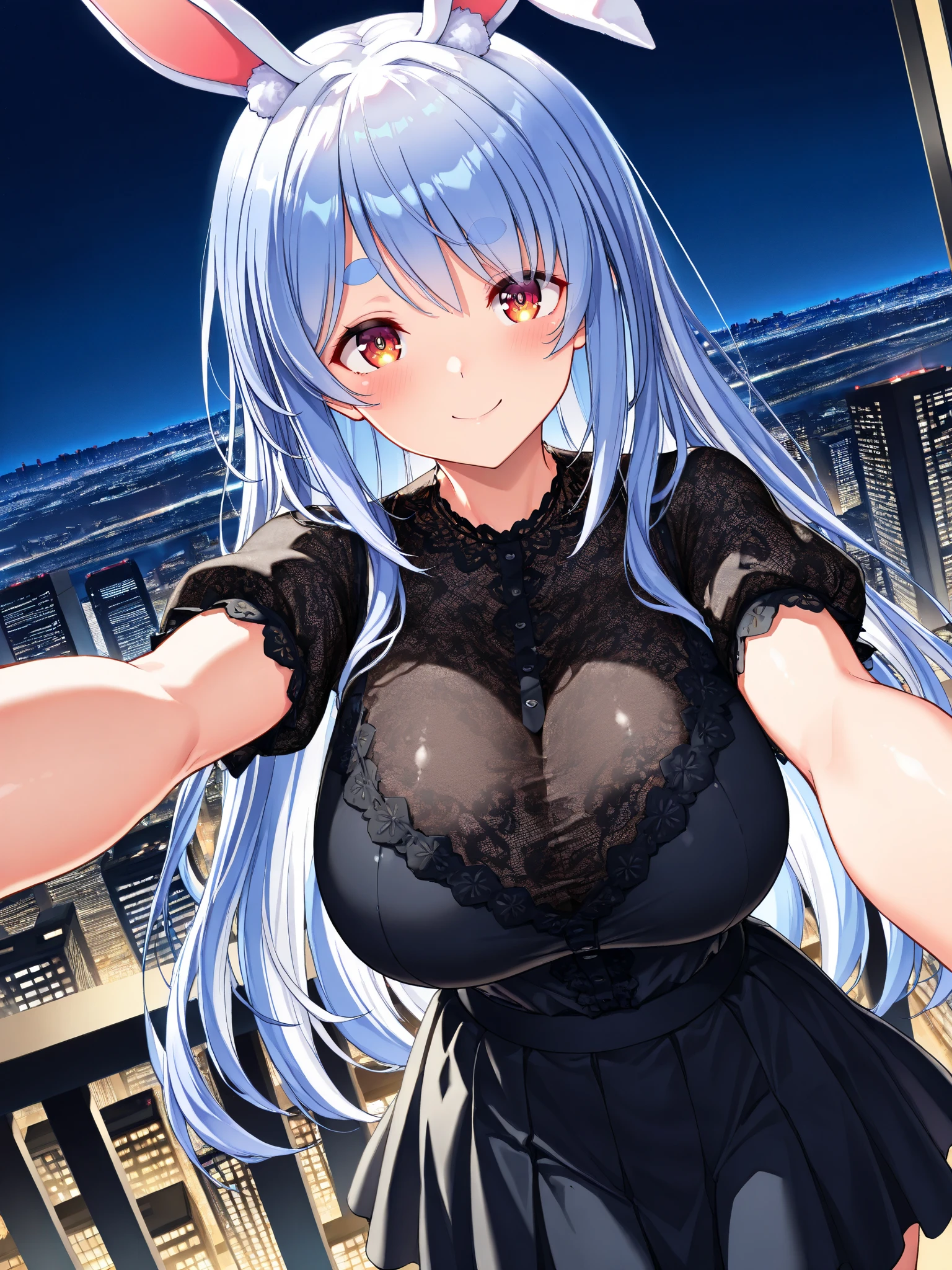 (masterpiece),(Highest quality), Official art, (One girl, solo:1.0),perspective,
walk,View your viewers,A kind smile,Large Breasts、
Straight,View your viewers,Upper Body, From above,Symmetric,
Exterior,Night Sky,(at night),Depth of written boundary, horizon,On the roof,