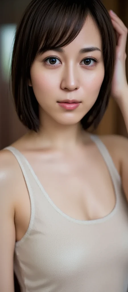 lens: 135mm f1.8,(Highest quality),(Tabletop:1.1), (Beautiful Japan), (Moisturized lips), Narrow eyes, double eyelid,Delicate clavicle,Flat Chest,Shortcuts,
(Let me me me'Let me me'Let me'Let's take another look), (close:1.4), shame, A faint smile,
(Spotted sunlight:1.2), Dramatic lighting,
(Beautiful Nudes), (Sunburned skin:0.2),Full body photo、Full Body Focus