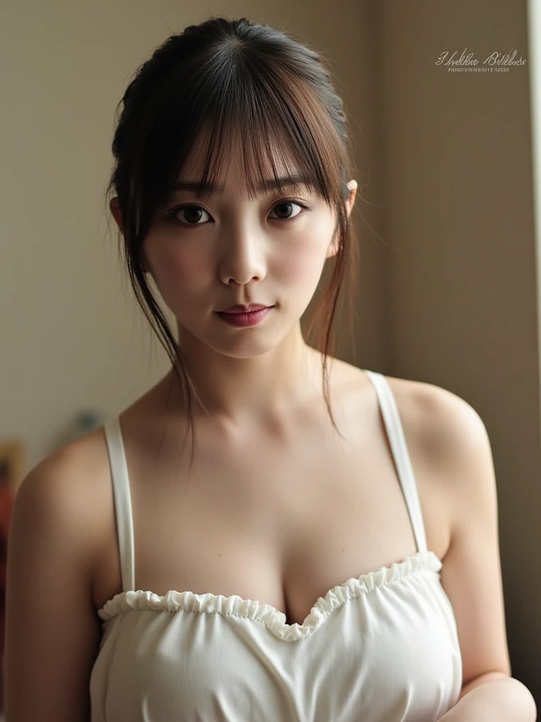 50generation、Japan woman with beautiful face、But she has a sloppy body and sagging breasts.、A room with a living feel。