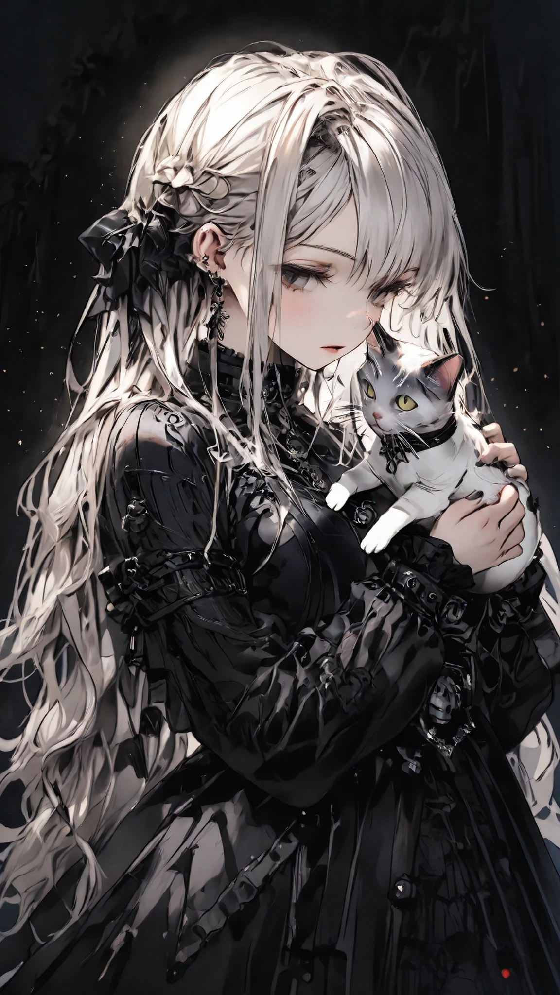 high res , masterpiece, anatomically, top quality, high res model, High Details, Anatomically anatomically, Norman Rockwell & Tim Burton style、Watercolor touch、 Edward Scissorhands、The black leather costume worn at the event、skinny, white-skinned man 、Alone, dark background 、 fantasy shot by Nikon Z7 II mirrorless camera、 horror、 darkness、Gothic、One Girl Playing with Cats,