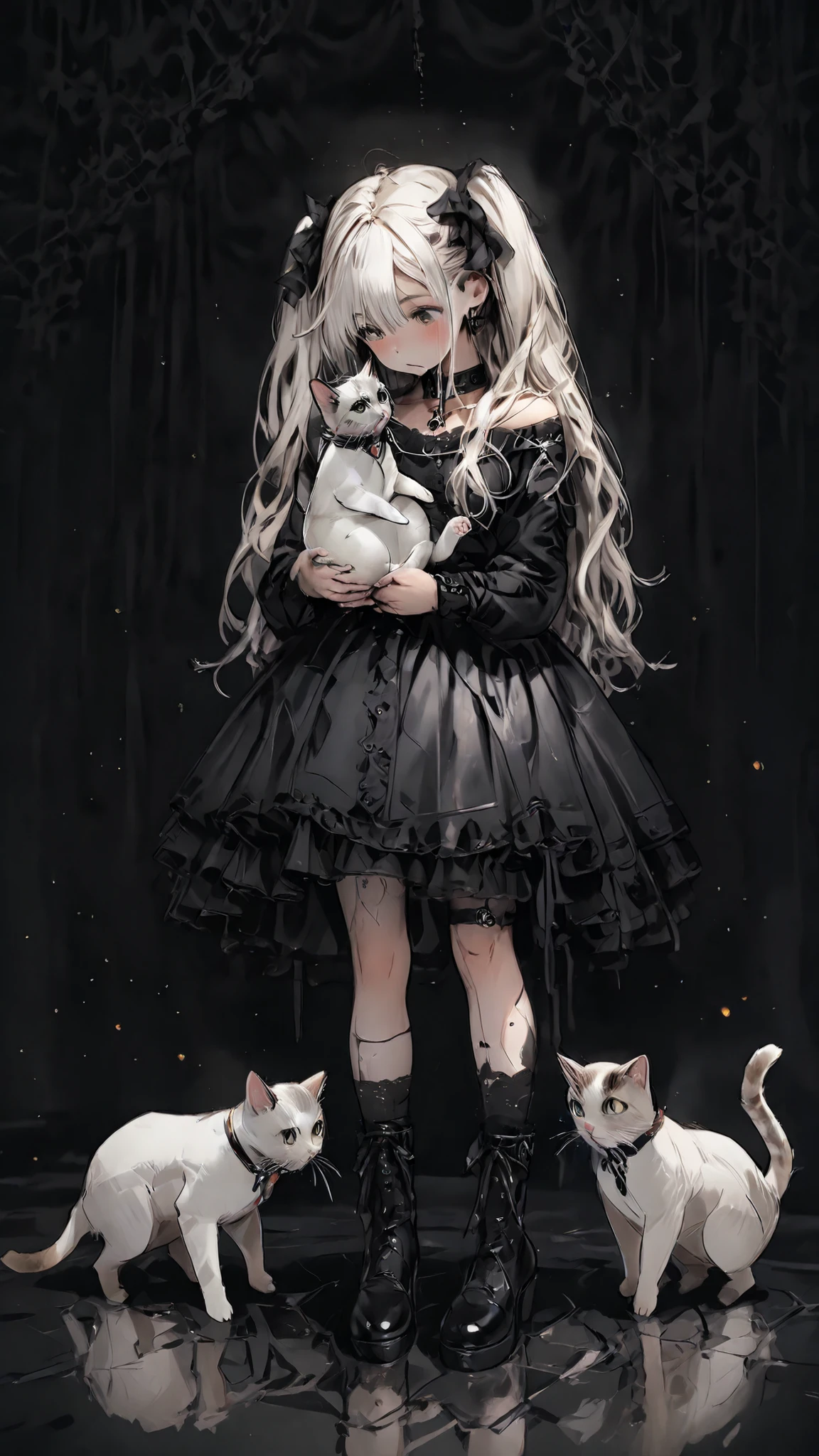 high res , masterpiece, anatomically, top quality, high res model, High Details, Anatomically anatomically, Norman Rockwell & Tim Burton style、Watercolor touch、 Edward Scissorhands、The black leather costume worn at the event、skinny, white-skinned man 、Alone, dark background 、 fantasy shot by Nikon Z7 II mirrorless camera、 horror、 darkness、Gothic、One Girl Playing with Cats,