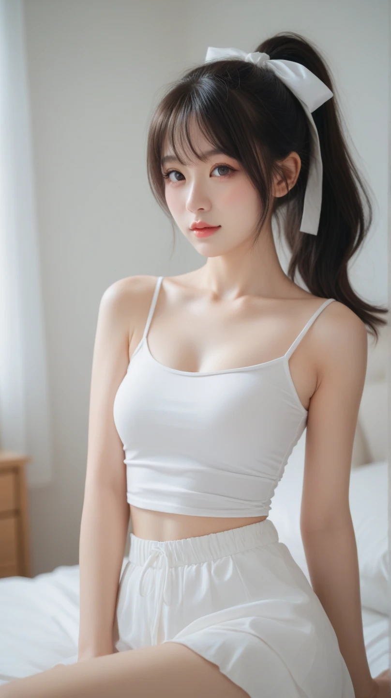 close-up of beautiful Chinese, Ningning is a AESPA korean pop girl group, youthful face, white skin body, perfect body, rapunzel length hair, black hair, straight hair, bust size 34 inches, wearing a tight plain light white short-sleeved tank top, wearing a tight plain light white short pants, Ningning holding breasts with her own two hands is very sexy and sigh, Ningning’s shirt was cut by my boyfriend using a scissor from a t-shirt to a tank top in a very sighing and sexy manner, strand by strand of Ningning’s clothes fell off because it had been cut, the rest of Ningning’s clothes were scattered on the floor because they had been cut, Ningning’s shirt shows off her breasts because boyfriend cut them off, making her look sexier and more seductive, sexy looking pose, pose a naughty look, at a boyfriend bedroom, UHD