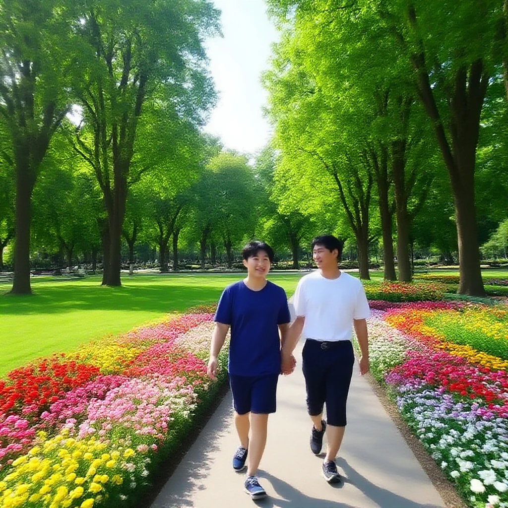 A picture on focus on tehe two hold hands with a letter green jaket wlak way on a garden