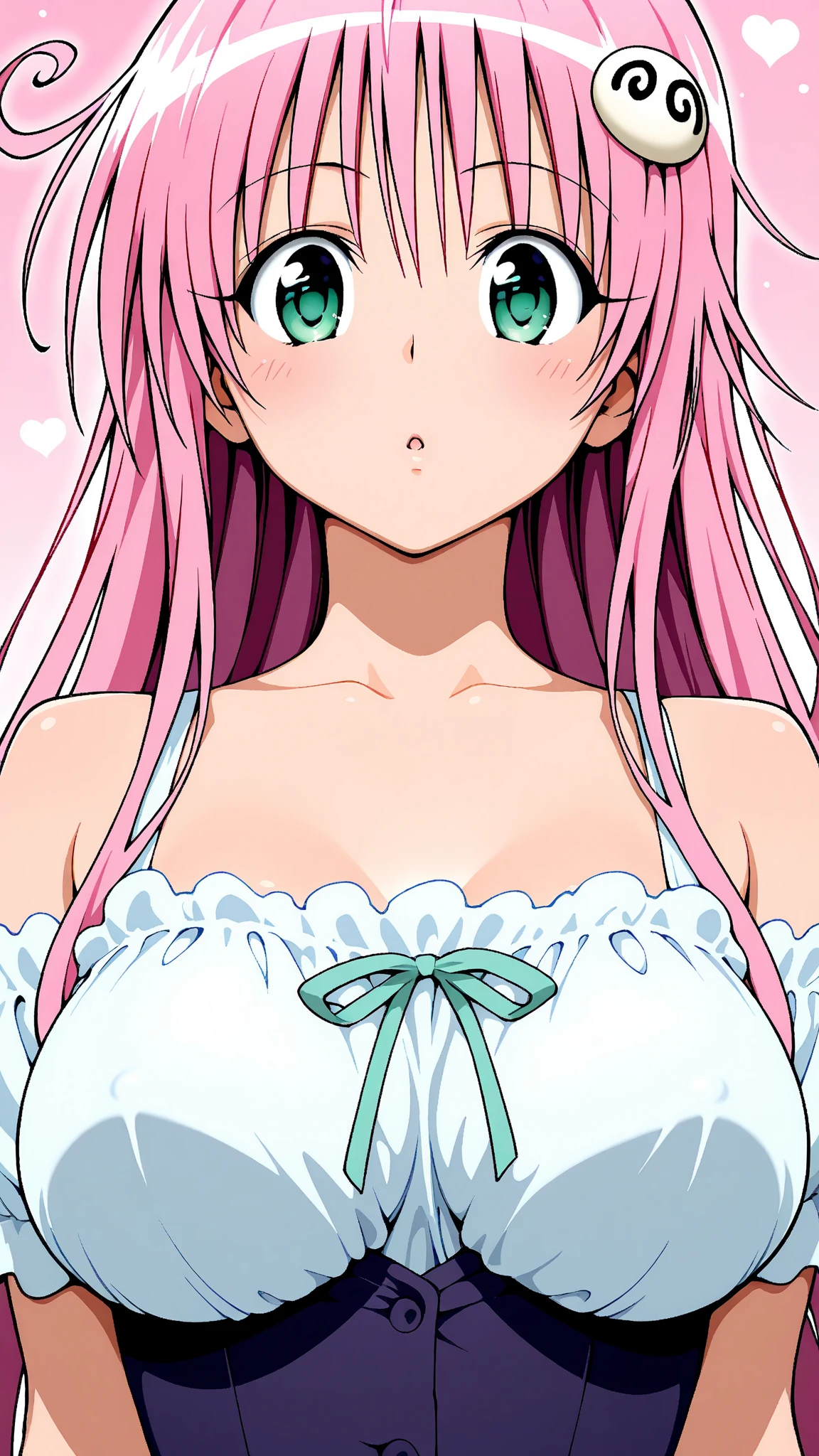 15yo girl, mini tank top, huge breast, thong, thicc thigh, pink, charming smile, light pink hair, hime cut hair, long hair, see through