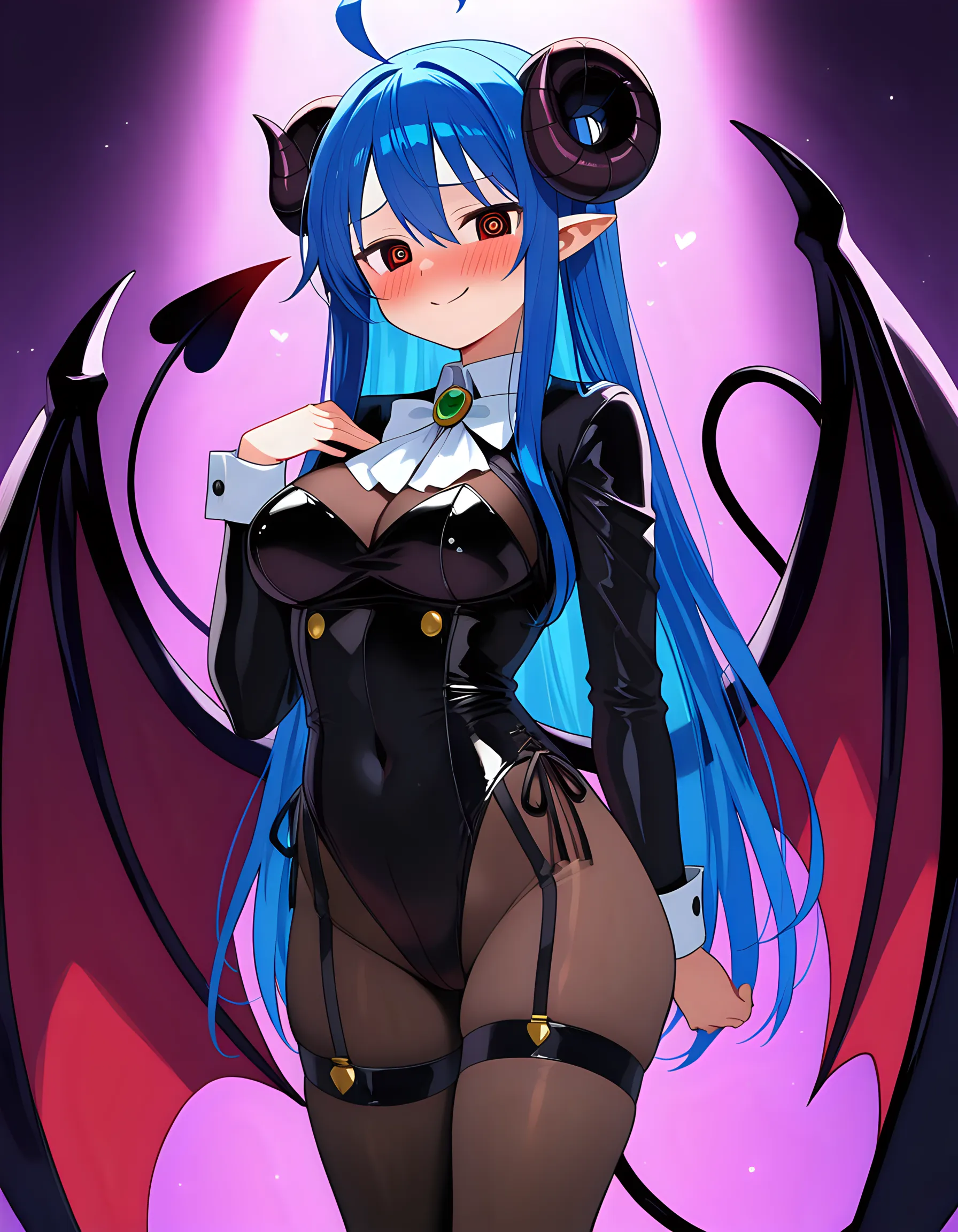 ((masterpiece, Highest quality)), (Browsing Caution), (Blue Hair), (Medium Hair),(pantyhose), (Black bra), (Black Long Gloves), (mature), (Devil horns), (Big Breasts), (23 years old), (night), (prison), (arms out in front), Smiling faintly, pink, Lots of hearts