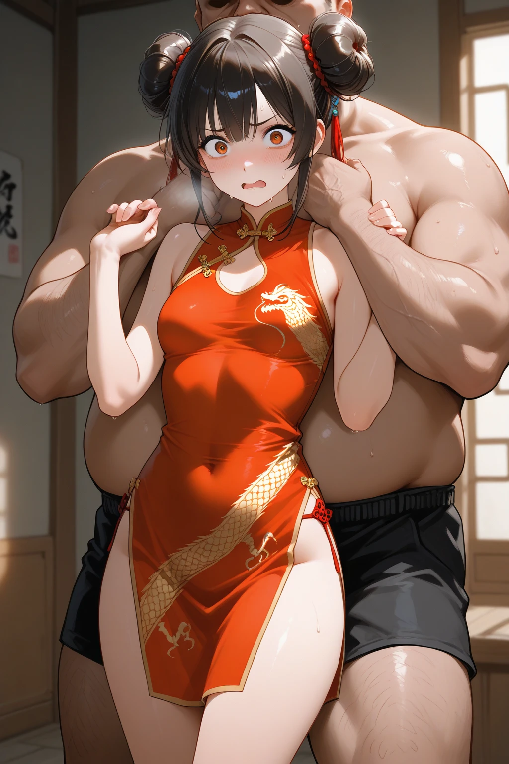 1 Beautiful Girl, Ranma, Braided Ponytail, Redhead, (Chinese clothes:1.4), RanmaChan, (Red China Fuku Jacket:1.7), (blush), masterpiece, highest quality, High resolution, (One 40-year-old mafia man, ?????:1.4), Perfect limbs, (?????? press:1.2), sexual intercourse, ((((????? enters vagina)))), behind, Spread your legs, Beautiful vagina depiction, ((Binding, Rotate your arms behind your back:1.4)), ((Restrained by rope)), A beautiful girl has sexual ??????????? with a man