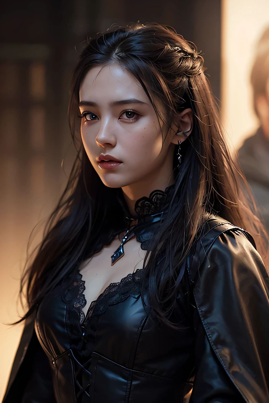 Hyperrealist portrait of female, fantasy art, photo realistic, dynamic lighting, artstation, poster, volumetric lighting, very detailed faces, 4 k, award winning, 1girl, in the dark, deep shadow, low key,(official clothing:1.4) ,long hair, Vintage Gothic dress