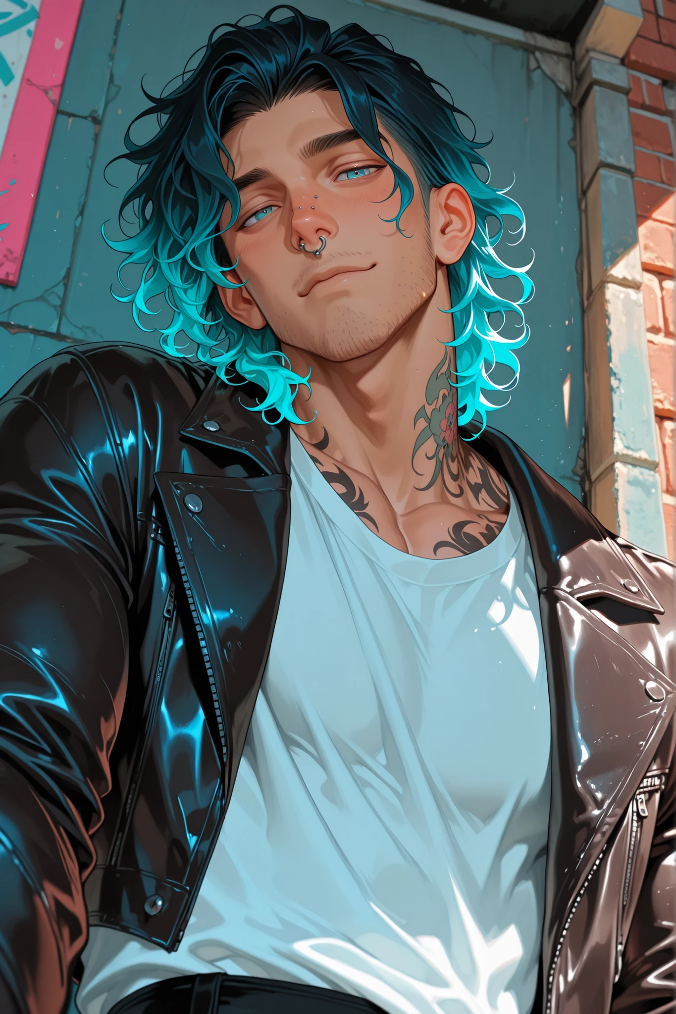 1man, broad shoulder, narrow waist, stubble facial hair, nose piercing, muscular, tattoos, short wavy hair with sides shaved, short black to pastel blue gradient hair, icy blue eyes, white shirt, leather jacket, leaning against brick wall, flirty expression, pov from below