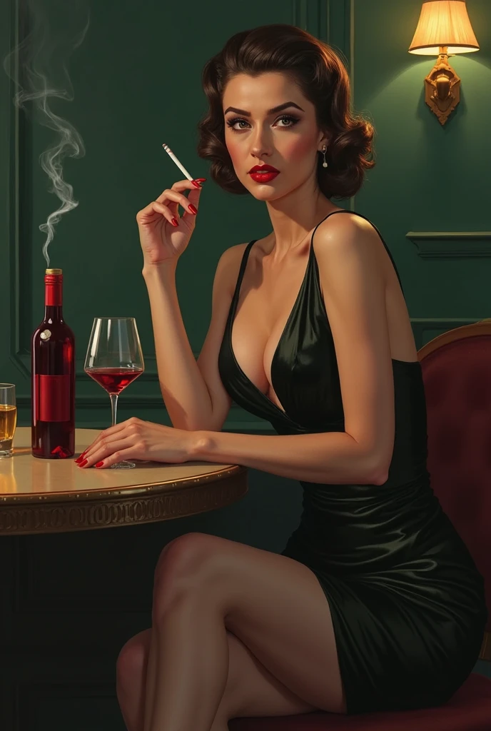 1 asian woman, spy, elegantly dressed, smirk, short black hair, holding wine and knife, ( methurlant) comic, y2k animation, hq, intricate detail, high quality, smooth, (masterpiece, best quality), tattoos, sitting at bar,