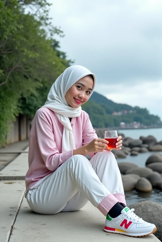 professional photography taken from the best angle, a Indonesian woman with long hijab wearing a plain white flannel shirt, torn long, barefoot, sitting on the bow of an abandoned boat, submerged in calm waters filled with wild plants, marshy or marshy background, decorated with tall reeds and soft wild flowers, behind you can see cloudy clouds with an amazing view of the sky, in the sky you can see a plane right above the woman's head, smiling looking at the camera