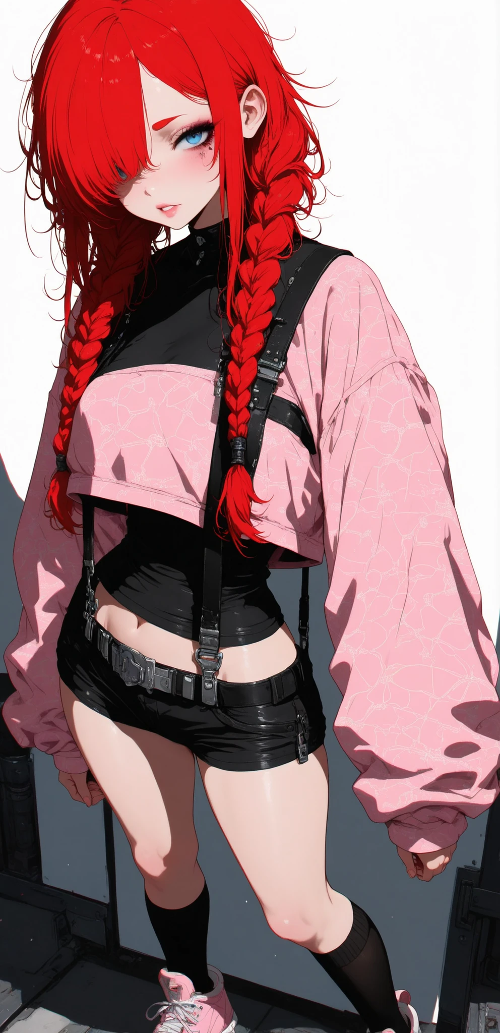 (masterpiece:1.35), (very aesthetic, best quality:1.3), highly detailed, dark environment, backlit, absurdres, hyperdetailed, addmicrodetails, flat anime artstyle, (no lineart), detailed shading and shadows, solo, intricate design,
Simple background, white background, chromatic aberration, sharp detail, black particles,
1girl, young woman, bratty, punk makeup, flawless skin, perfect face, expressive face, (petite), slender, Female, red hair, twin-braids, messy hair, swept bangs, hair over one eye, blue eyes, parted lips, lips, eyelashes, eyeliner, bold eyebrows, cleft ofvenus, hip_indentations, skindentations, very narrow waist,
Standing, black tanktop, cropped jacket, long sleeves, pink-camoflage pattern, exposed midriff, suspenders, straps, buckles, zippers, complex layering, complex composition, oversized and baggy shorts, microshorts, knee-high black socks, pink sneakers,