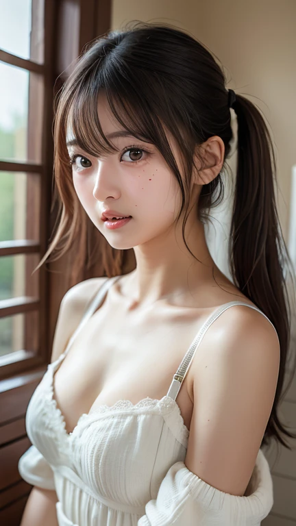 highest quality, Soft Light, Ultra-high resolution, (Realistic:1.4), RAW Photos,
1 Japanese girl, alone, cute, (pupil, light in your eyes), Beautiful face in every detail, (),(High resolution detail of human skin texture),
(short twintails)、
indoor,Low - Angle、From below、Panty Shot、(aroused、camisole:1.4)