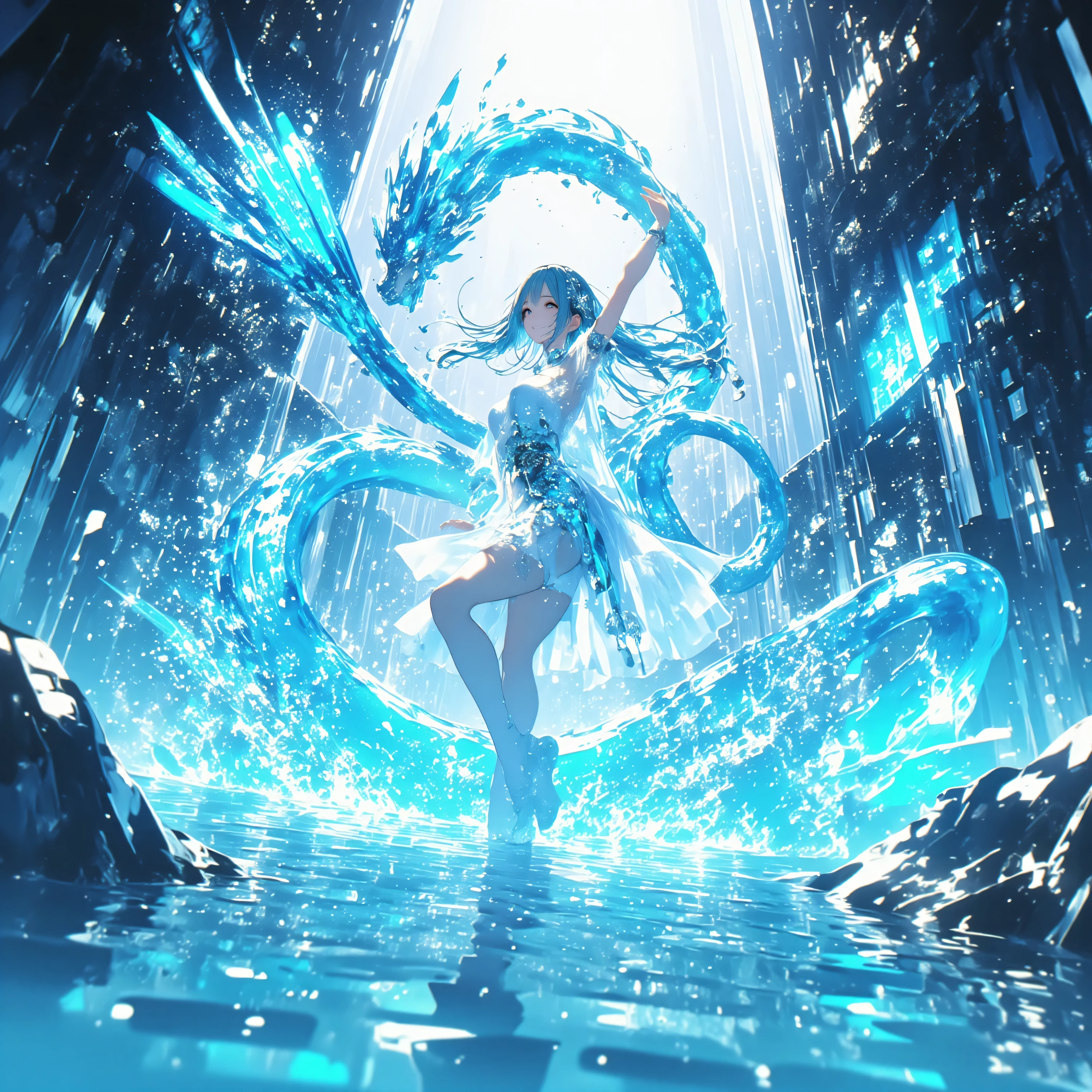 cowboy shot、A crystal cave hidden behind a majestic waterfall, wrapped in soft pale white light from above、A shining wall. beautiful with pale blue skin and long hair A young woman, and her finely woven pale blue hair dances gracefully with a transparent flowing dress. with her sexy, her curved body gracefully extends her arms、dazzling smile, as if merging with the surrounding water. she creates large ripples on the surface, a spectacular water dragon circling through the air, and countless glowing bubbles rise. and a breathtaking fantasy anime-style dynamic magical water effect. magical particles floating in the air are shining, and a magical water slide where little fairies carry joy with delicate feathers. seen from above, her flowing hair, See-Through Dress, and a breathtaking fantasy anime-style dynamic magical water effect. ultra high resolution, very high quality, perfect lighting and composition - a true masterpiece.